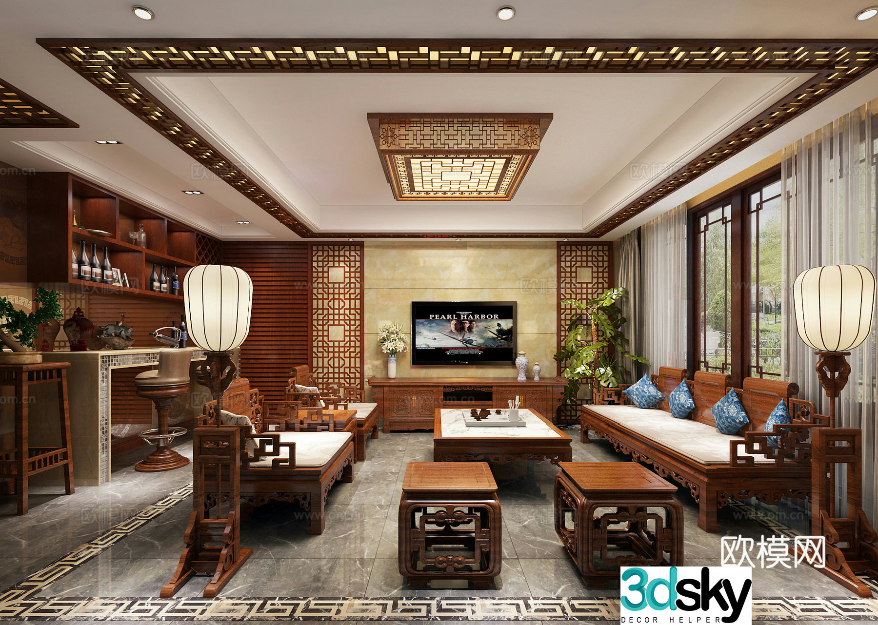 Chinese living room ceiling light sofa TV cabinet flower window 3D model