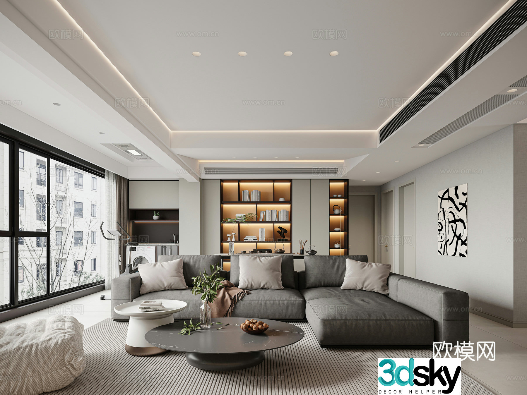 Modern black and white and gray restaurant without owner lamp shape wall panel leather sofa coffee table chandeliers dining table chair wall lamp track light 3d model