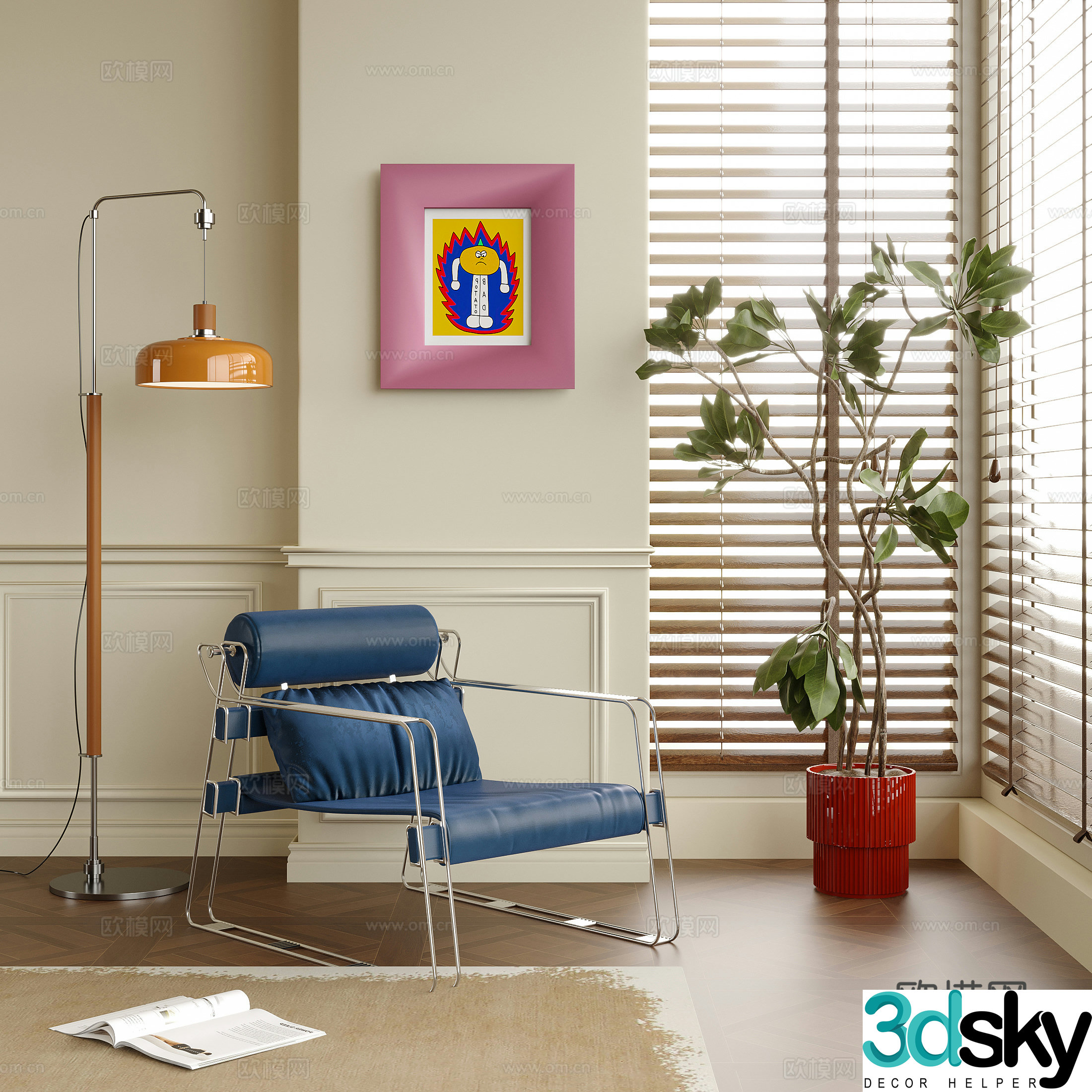 Modern Bauhaus leisure chair Potted bonsai Floor lamp Single chair 3d model