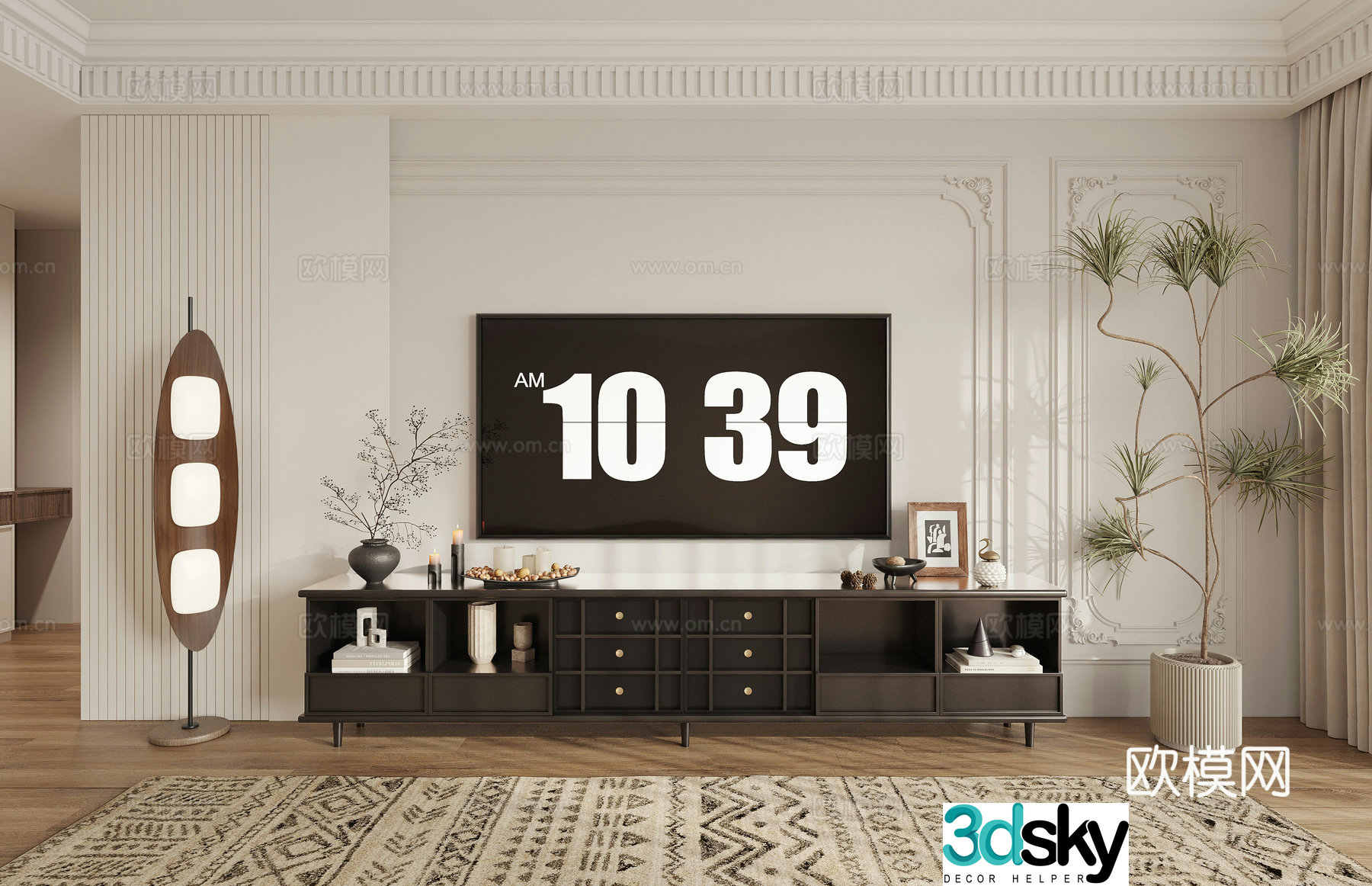 French medieval TV background wall TV cabinet floor lamp pot plant 3D model
