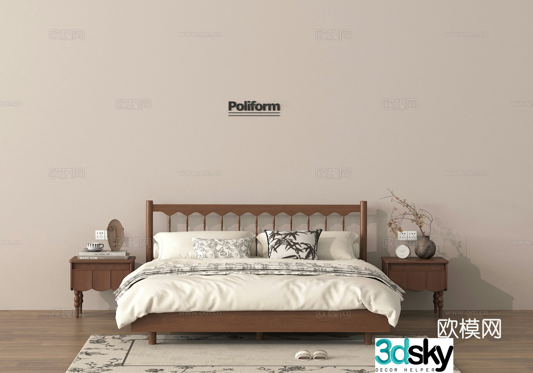 Double bed nightstand floral vase 3d model