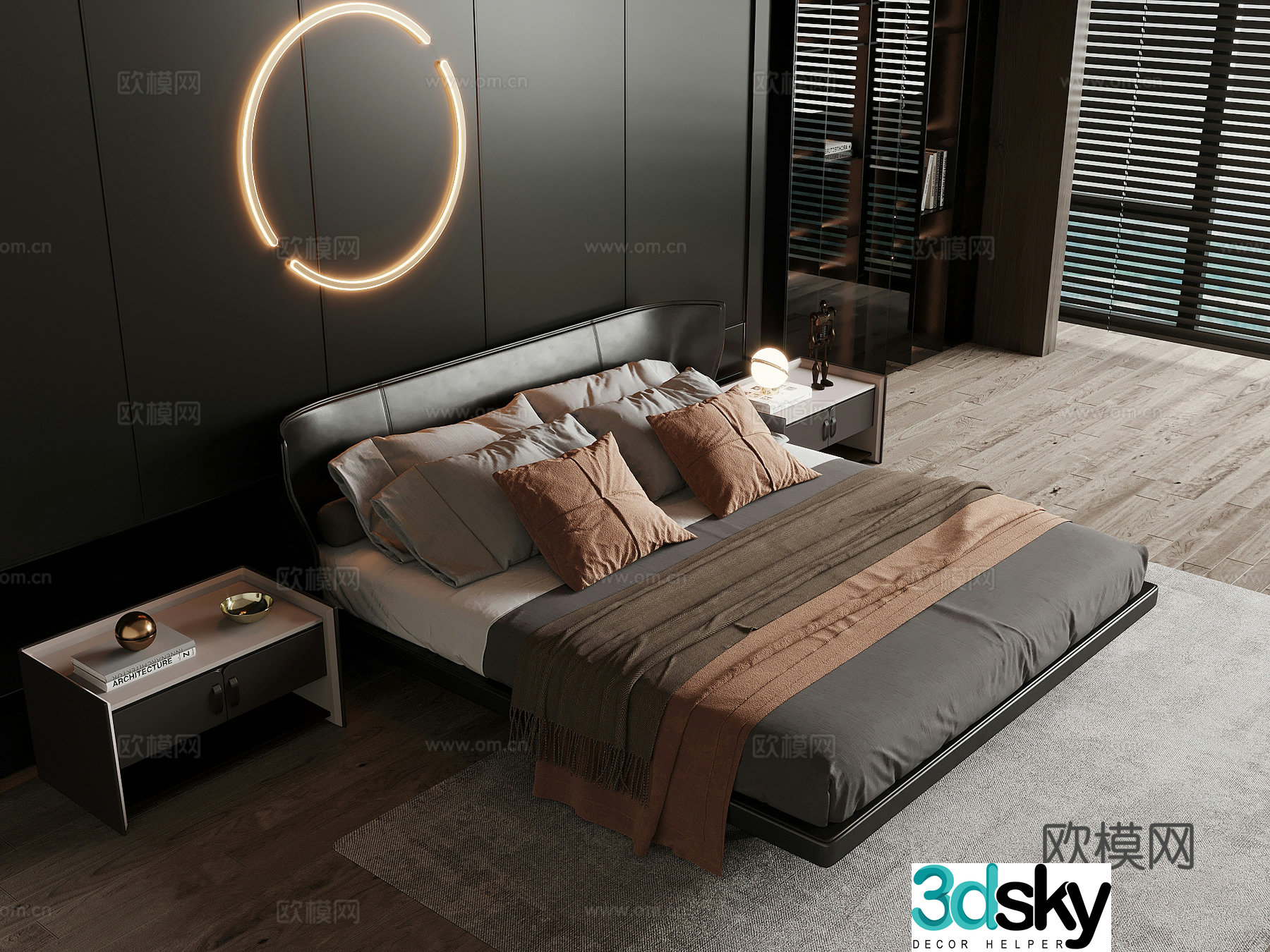 Bedding combination Italian minimalist double bed combination bedside table 3D model