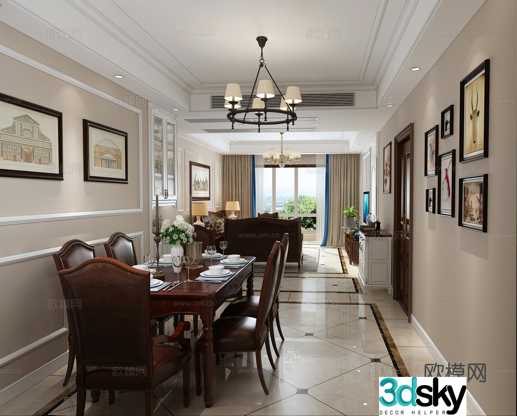 American restaurant American dining table American chandelier 3d model