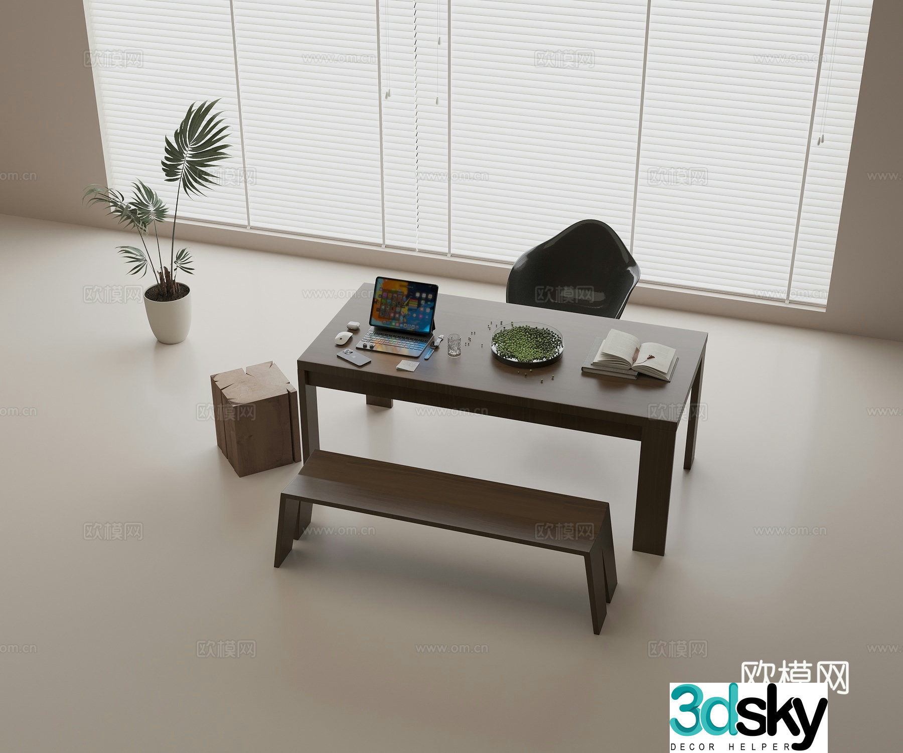 Solid wood desk Solid wood long table Solid wood bench Solid wood square stool Casual single chair Laptop 3D model
