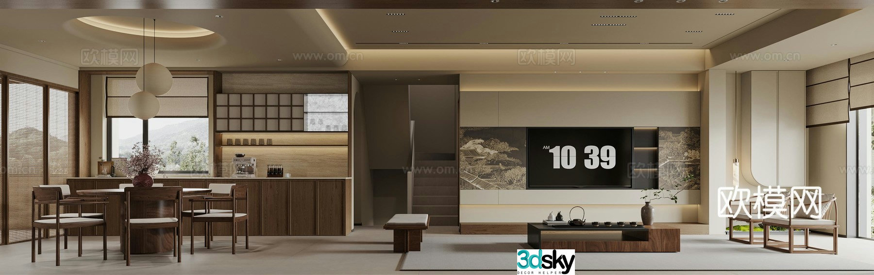Song style Zen new Chinese style living and dining room TV background 3d model