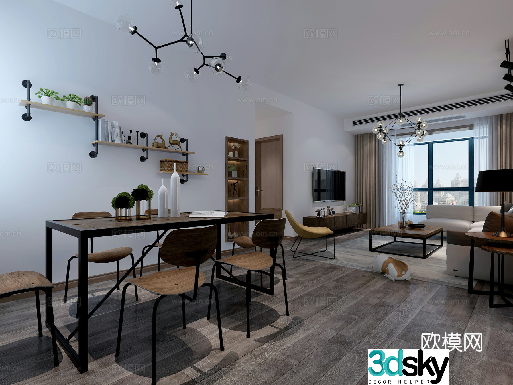 Industrial style dining room sofa coffee table dining table chair chandeliers painting shoe cabinet TV cabinet 3d model