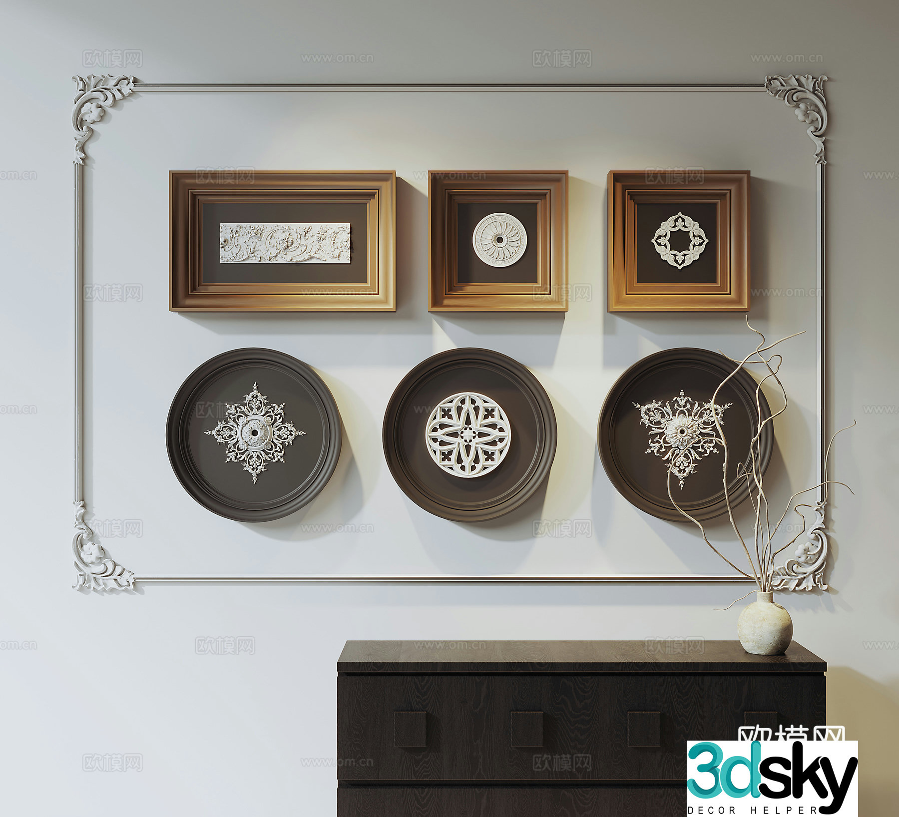 Middle-aged style decoration hanging paintings gypsum wall decorations sculpture hanging paintings photo frames pottery jar dead branches 3D model