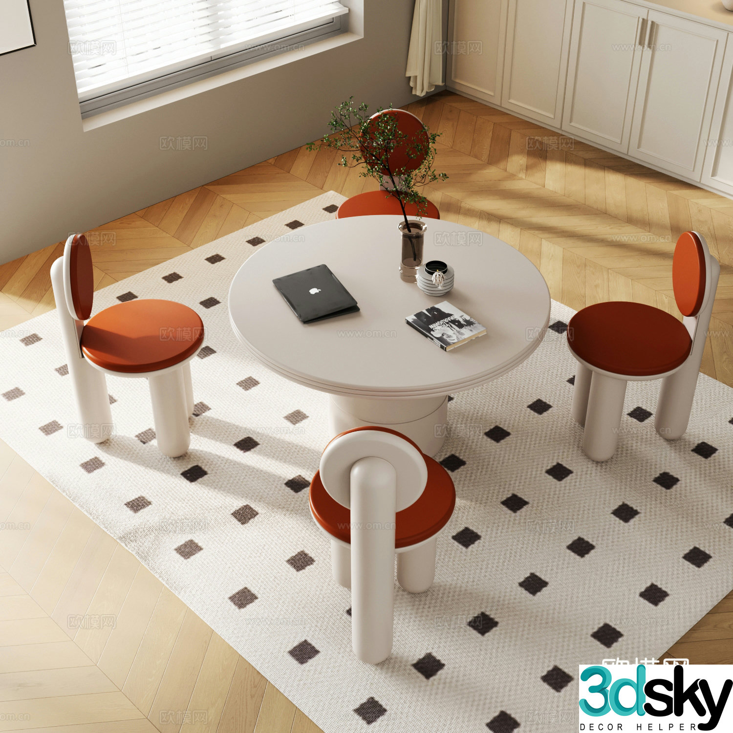 Restaurant French Cream Restaurant Dining Table Wine Cabinet 3D Model