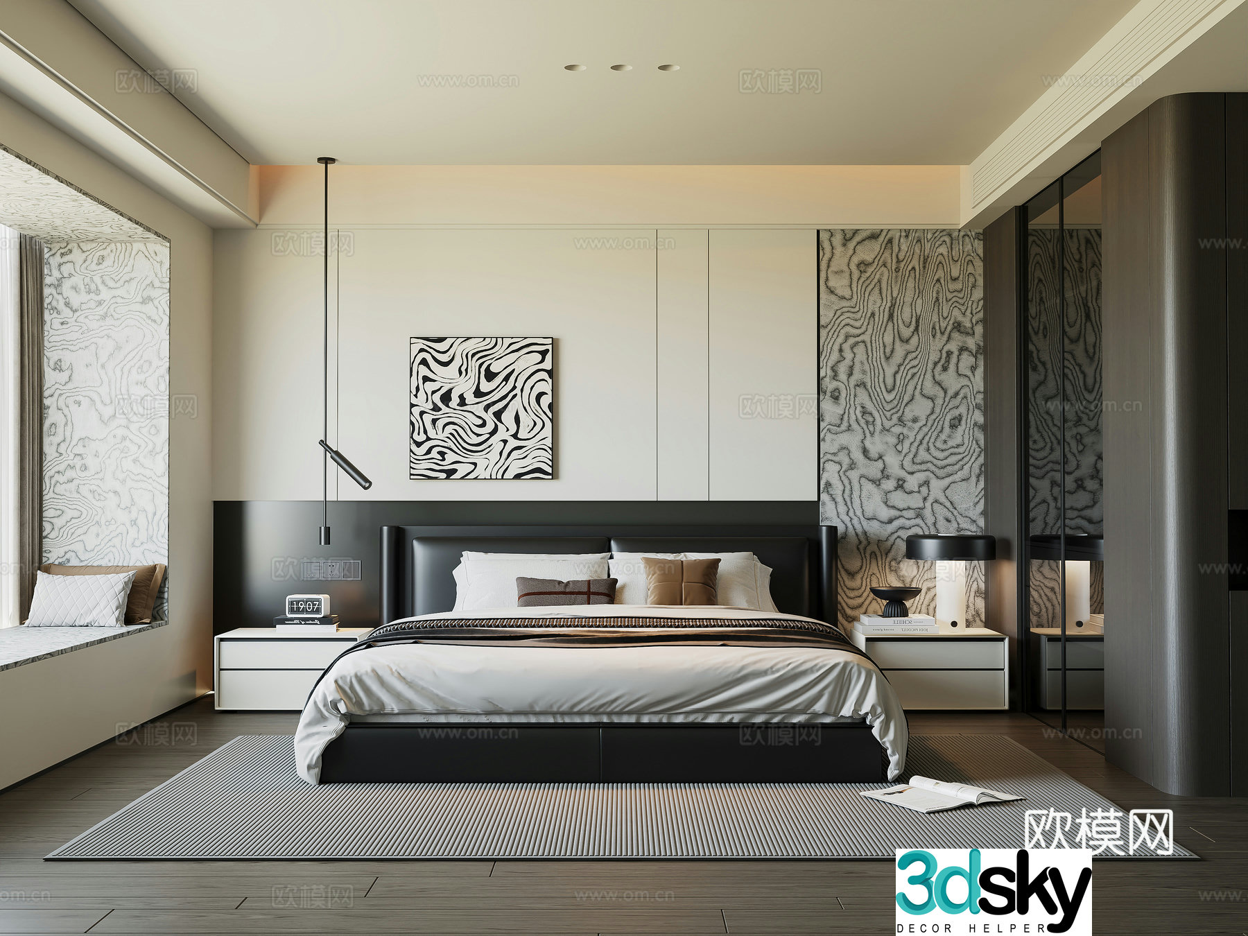 Modern bedroom bed wardrobe bedside table hanging painting desk lamp 3d model