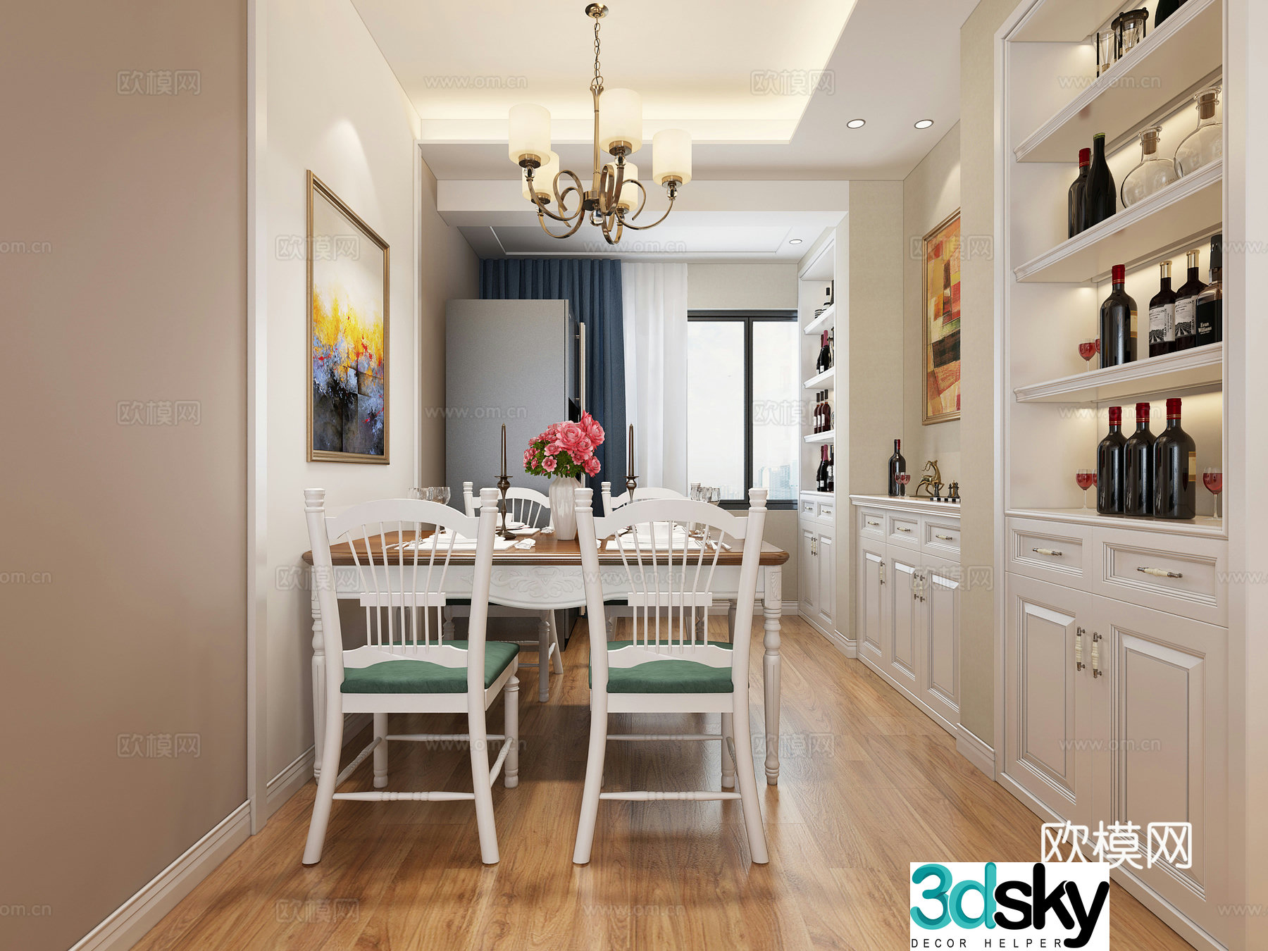 American simple living and dining room panoramic American sofa coffee table TV cabinet chandelier dining table decoration painting wine cabinet refrigerator 3d model