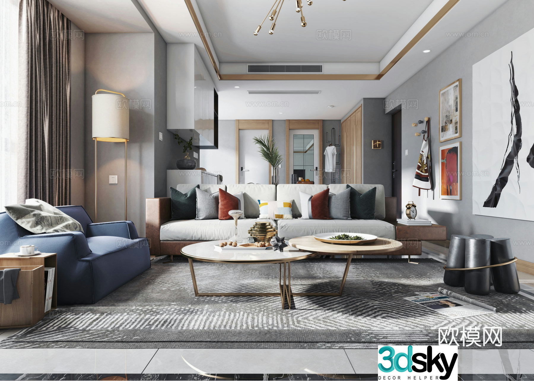 Nordic living restaurant sofa coffee table chandelier hanging painting 3d model