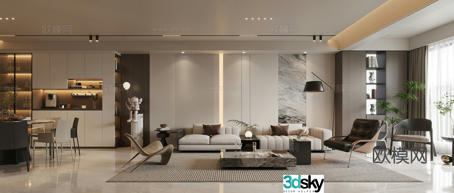 Modern Italian minimalist black and white and gray living room sofa dining table wine cabinet shoe cabinet decorative painting 3D model