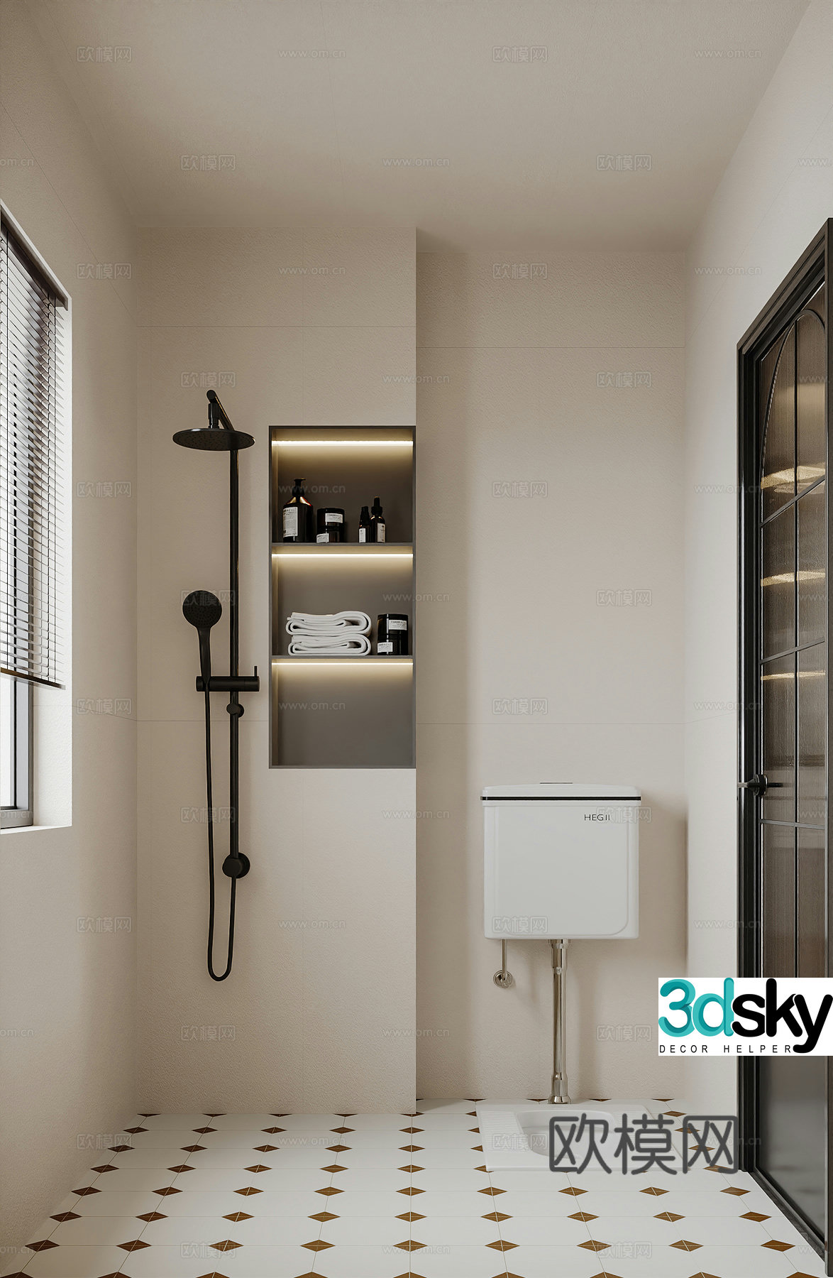 Modern cream bathroom rain shower alcove squat toilet glass door bathroom 3d model