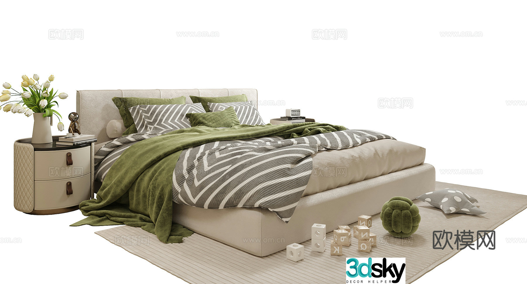 Modern double bed nightstand 3d model