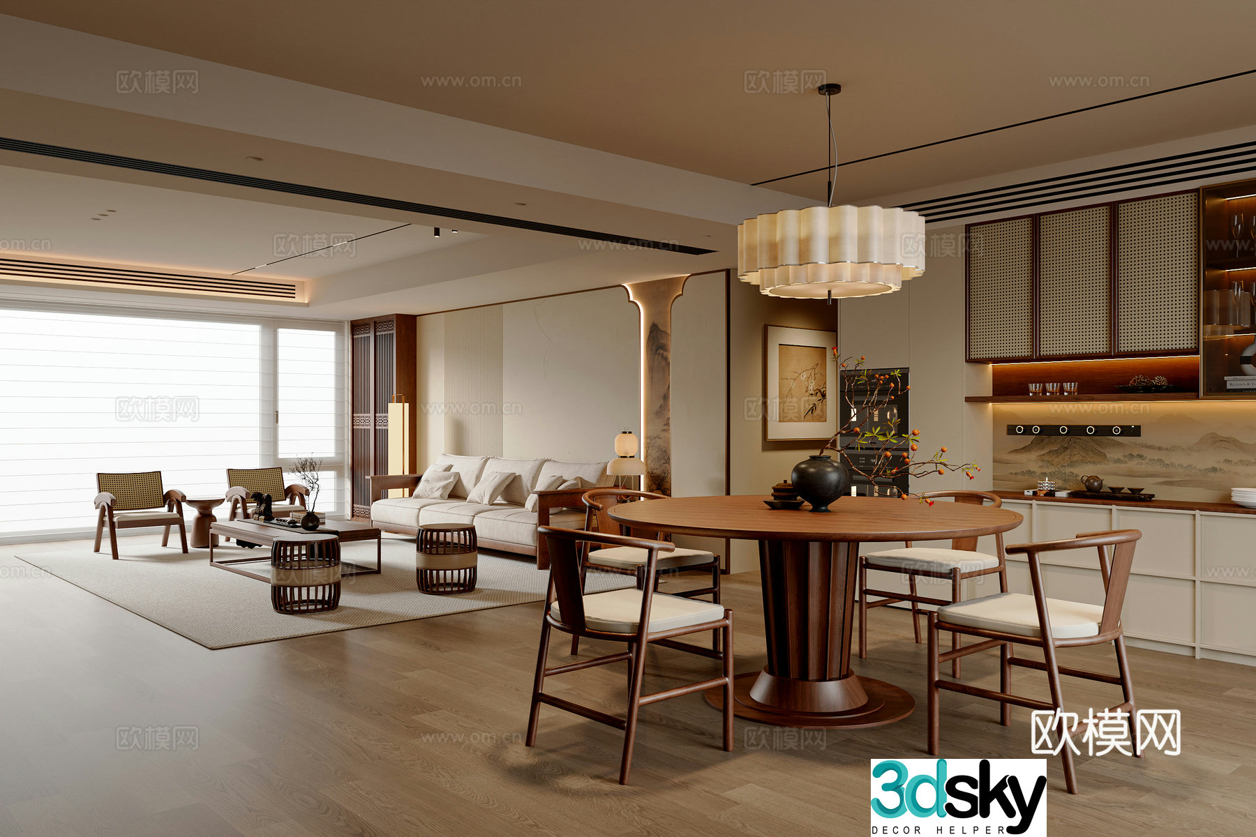 New Chinese Song style style restaurant round table sideboard dining table chair sofa coffee table combination chandelier 3d model