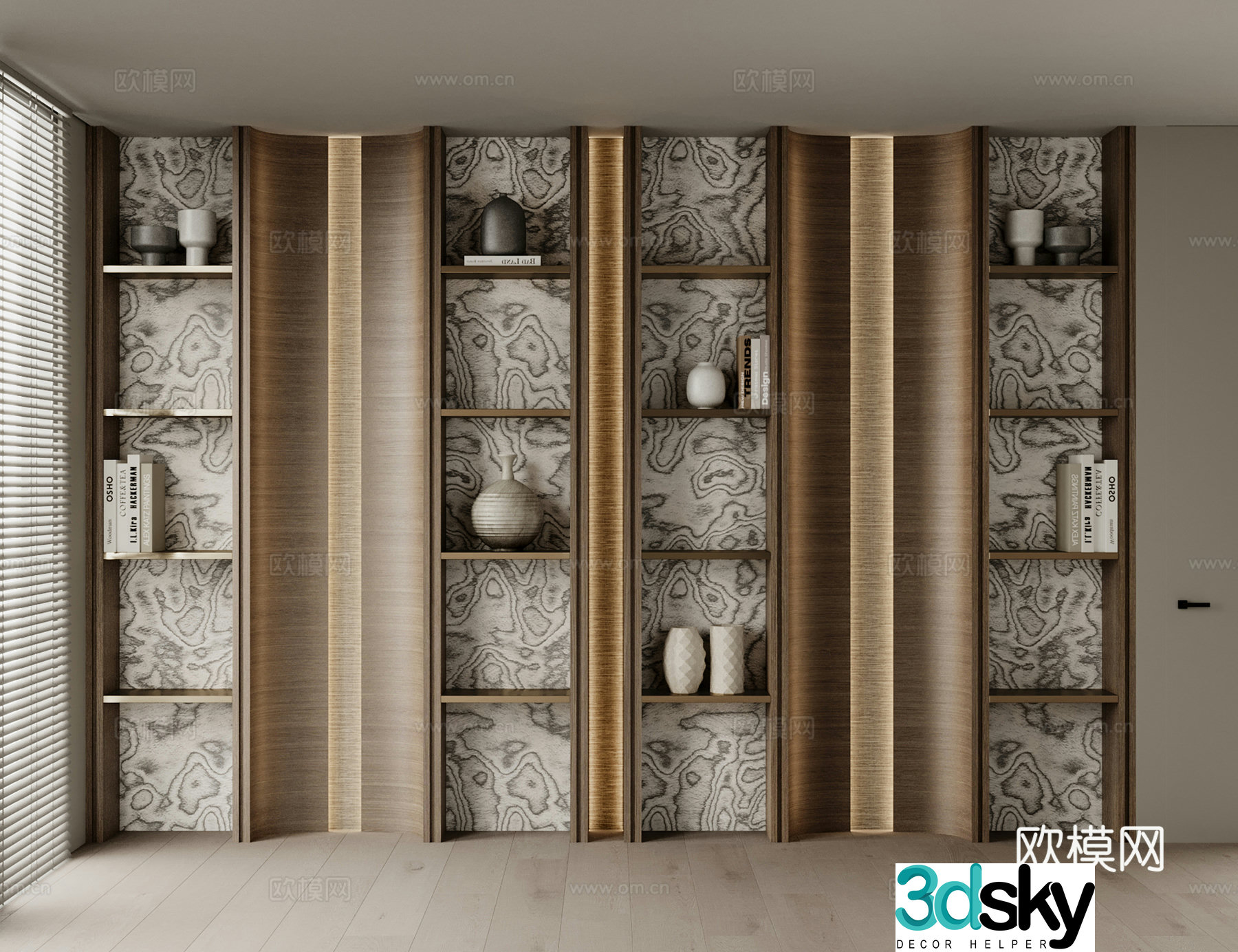 Modern decorative cabinet Decorative rack Decorative ornaments Shadow wood bookshelves Floor-standing cabinet Clay pot ware 3D model