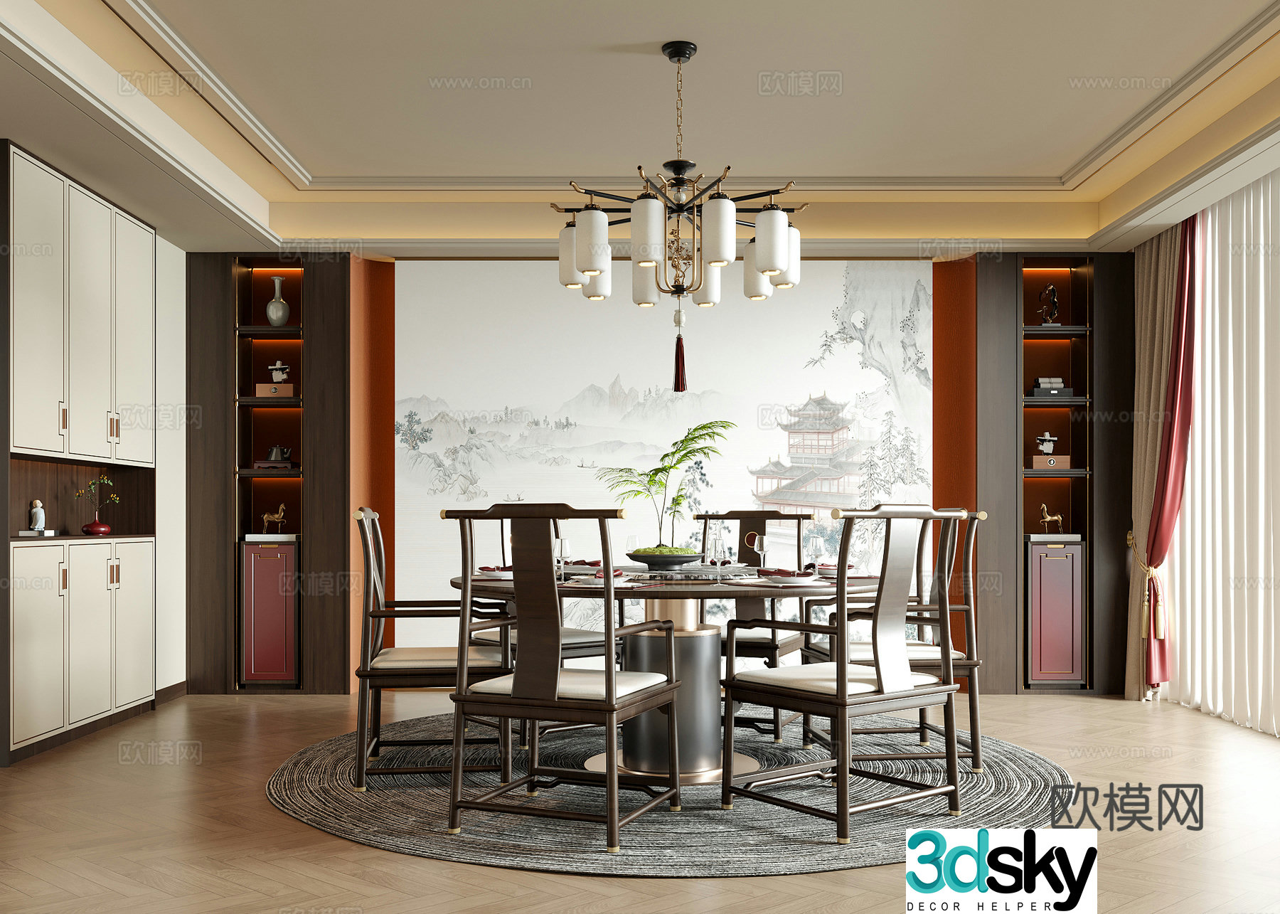 New Chinese restaurant Dining table and chairs New Chinese chandeliers Round dining table 3D model