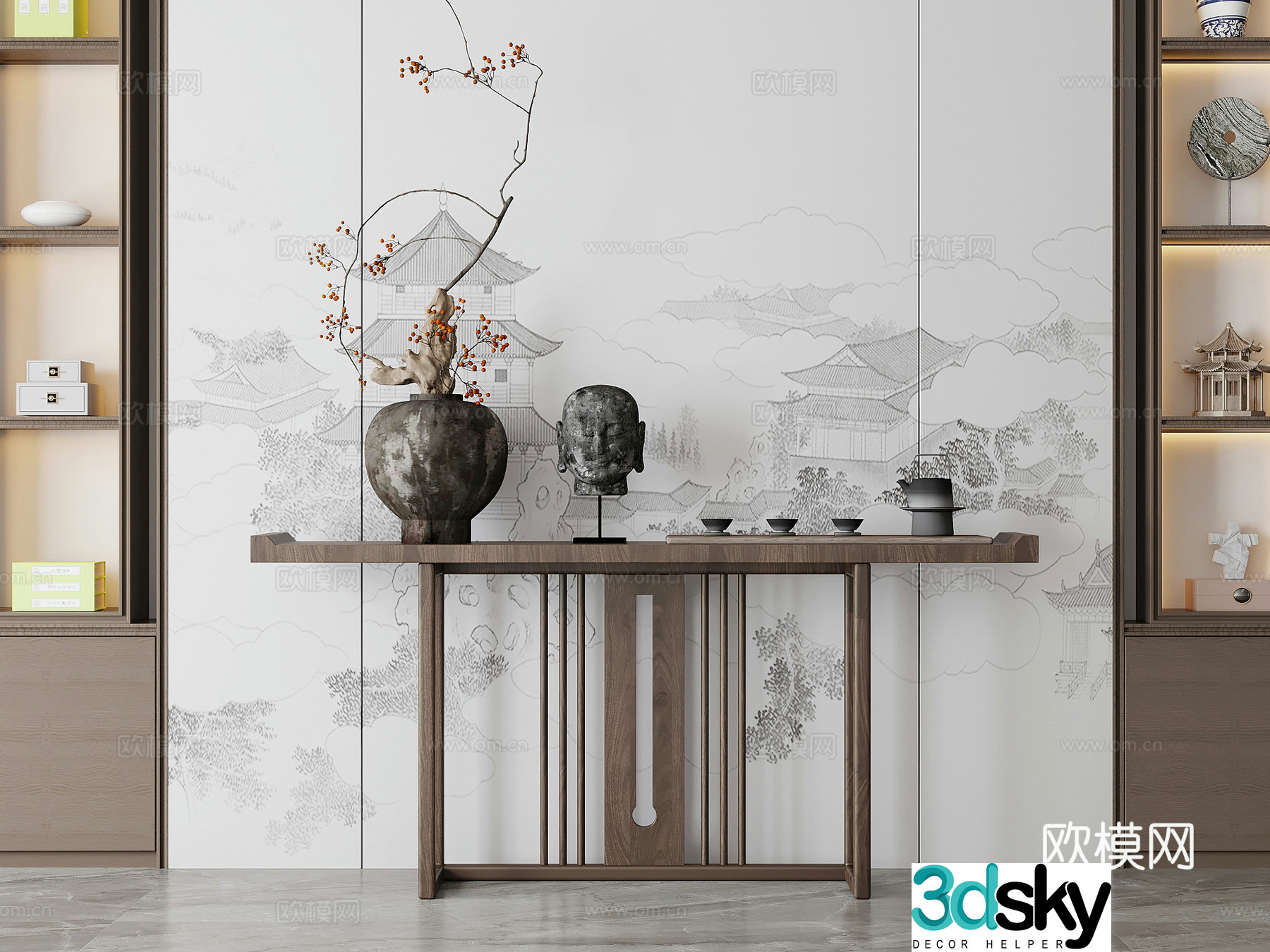 Porch New Chinese style porch Entrance Cabinet End View Cabinet Jewelry ornaments 3D Model