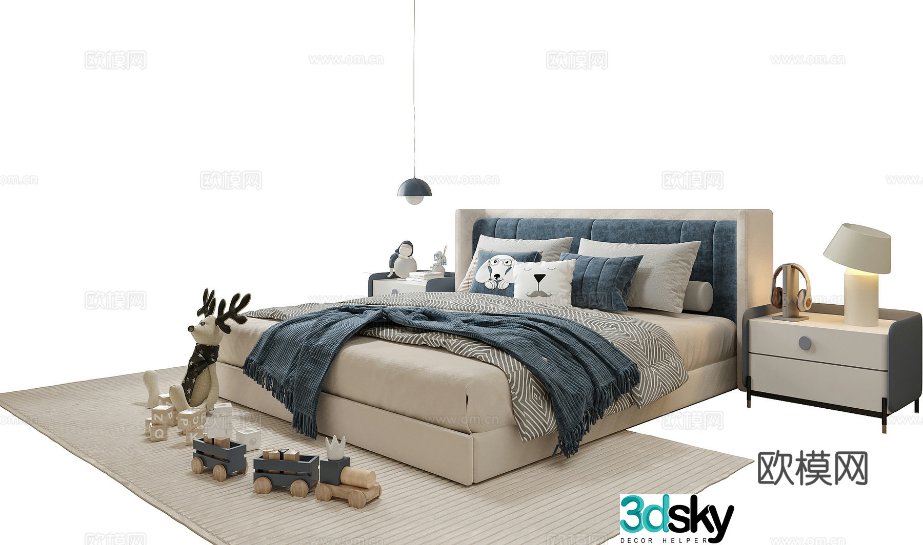 Modern children’s bed children’s bedside table bedside chandelier 3d model
