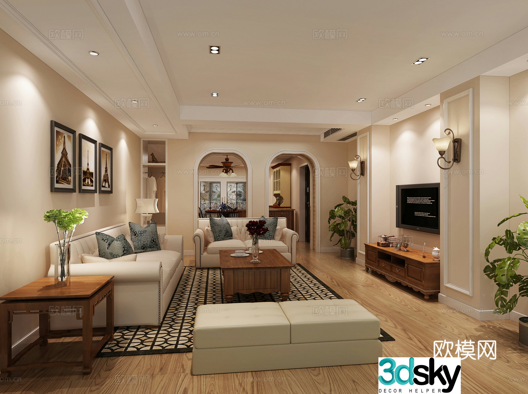 American living room sofa combination TV cabinet wall light 3d model