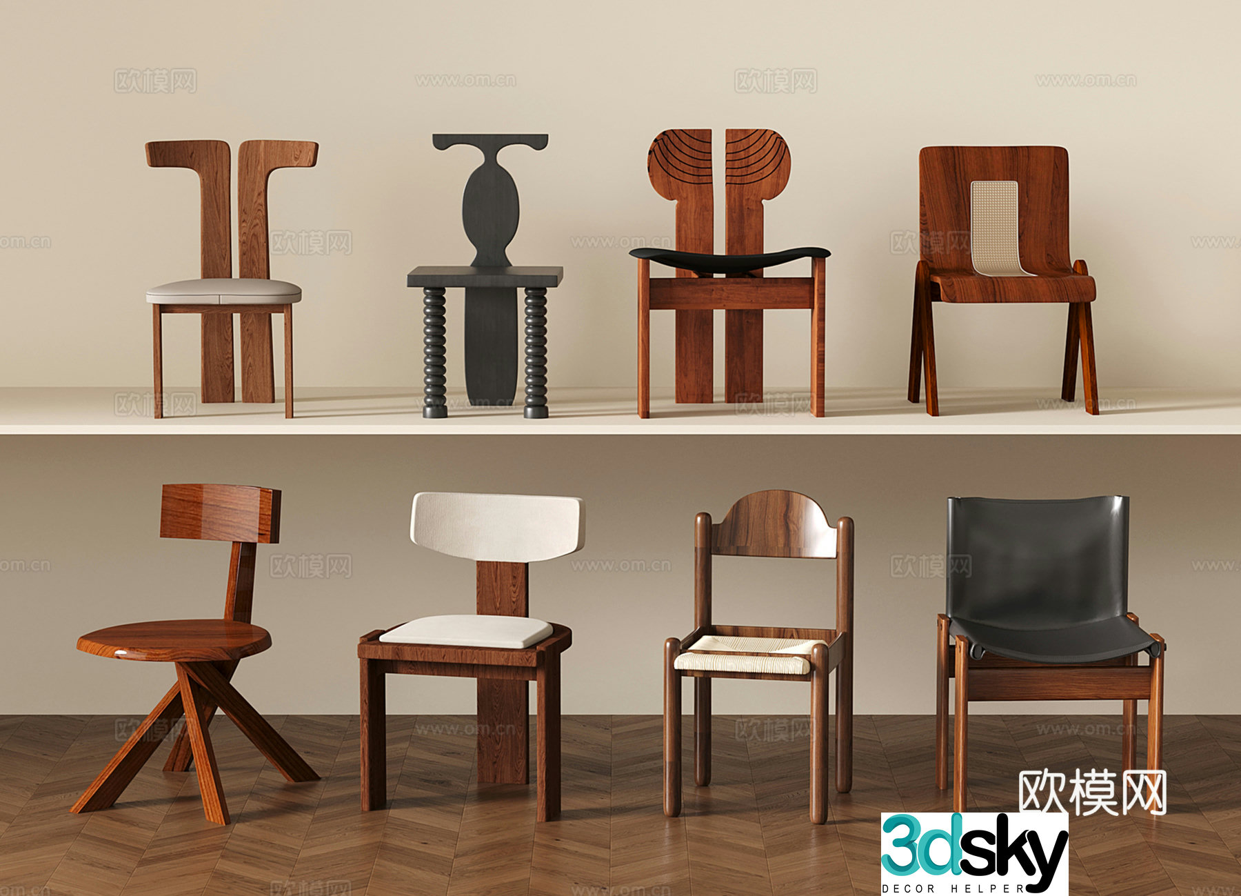 Medium style wooden chair single chair dining chair 3d model