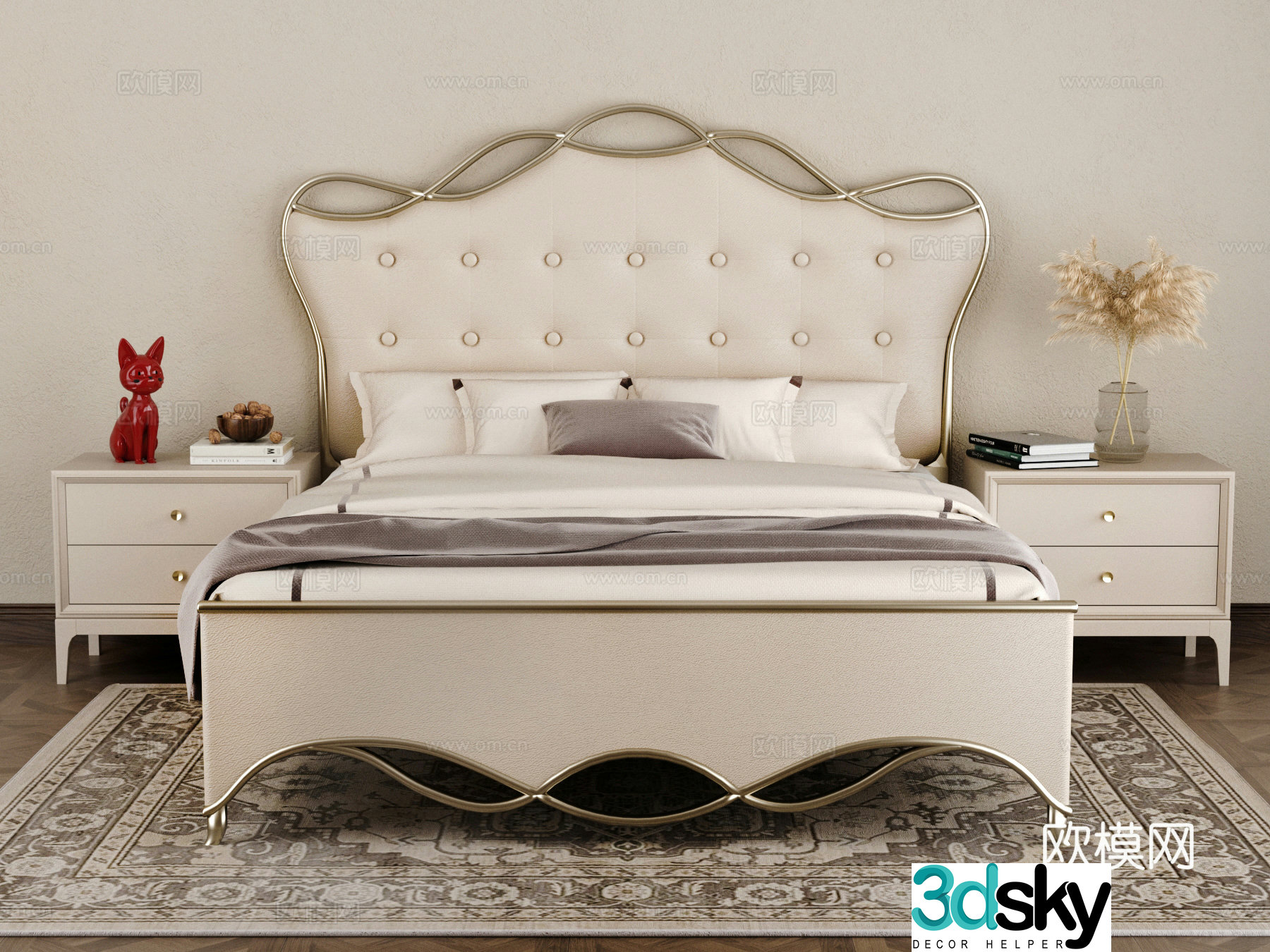 French cream style double bed leather double bed 3d model
