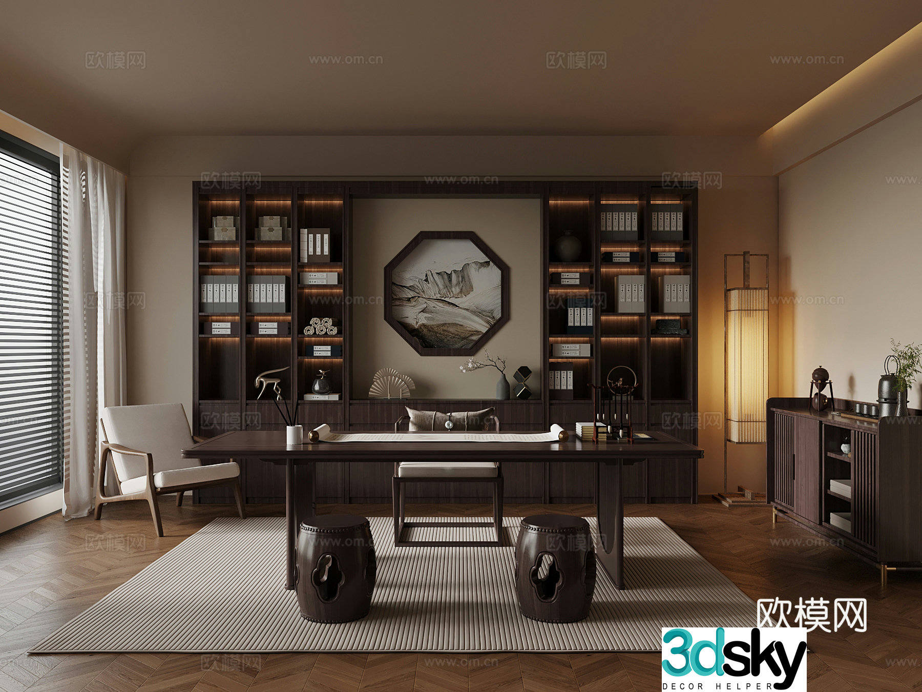 New Chinese style study desk and chair bookcase floor lamp 3d model