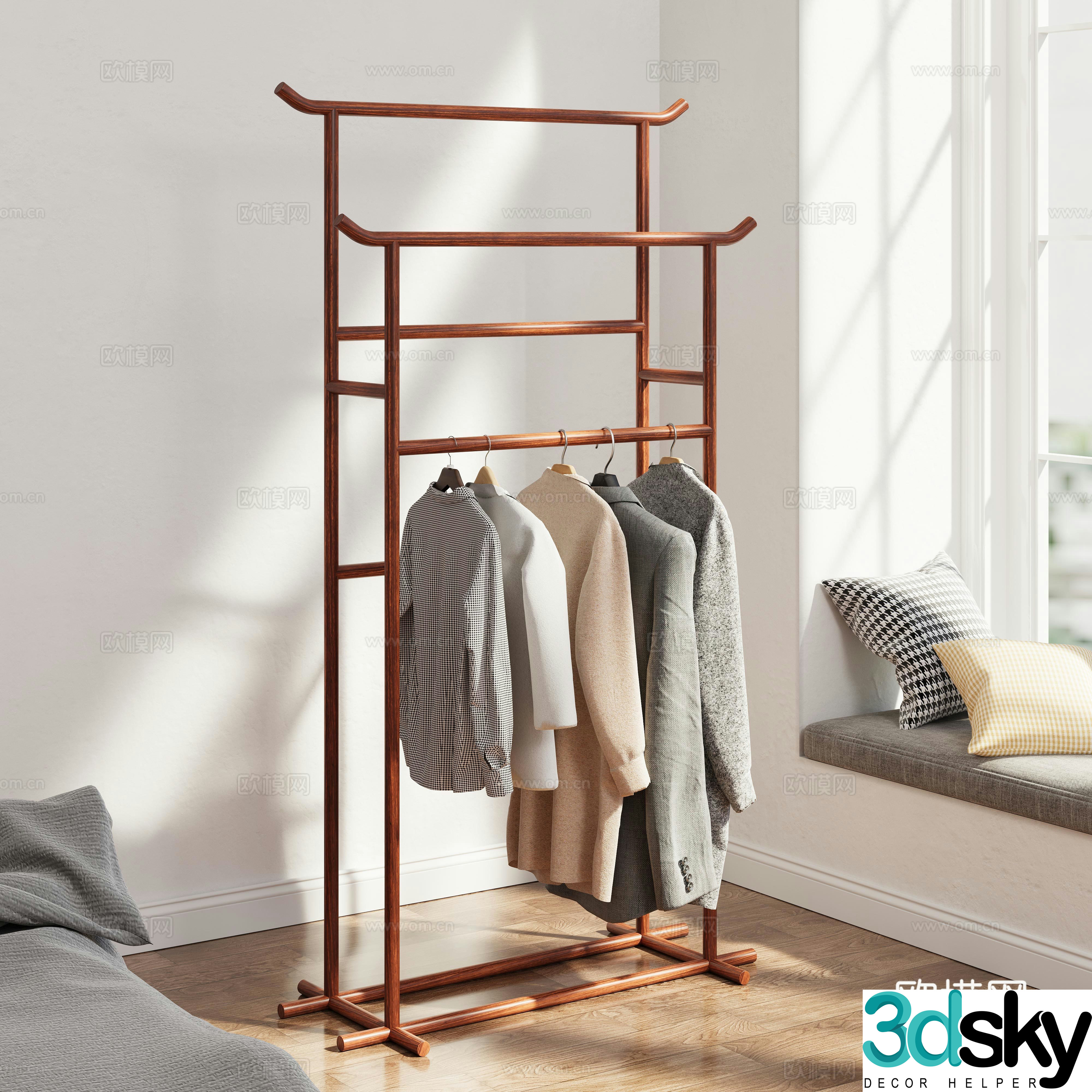 Modern solid wood clothes hanger clothes rail log coat rack 3d model