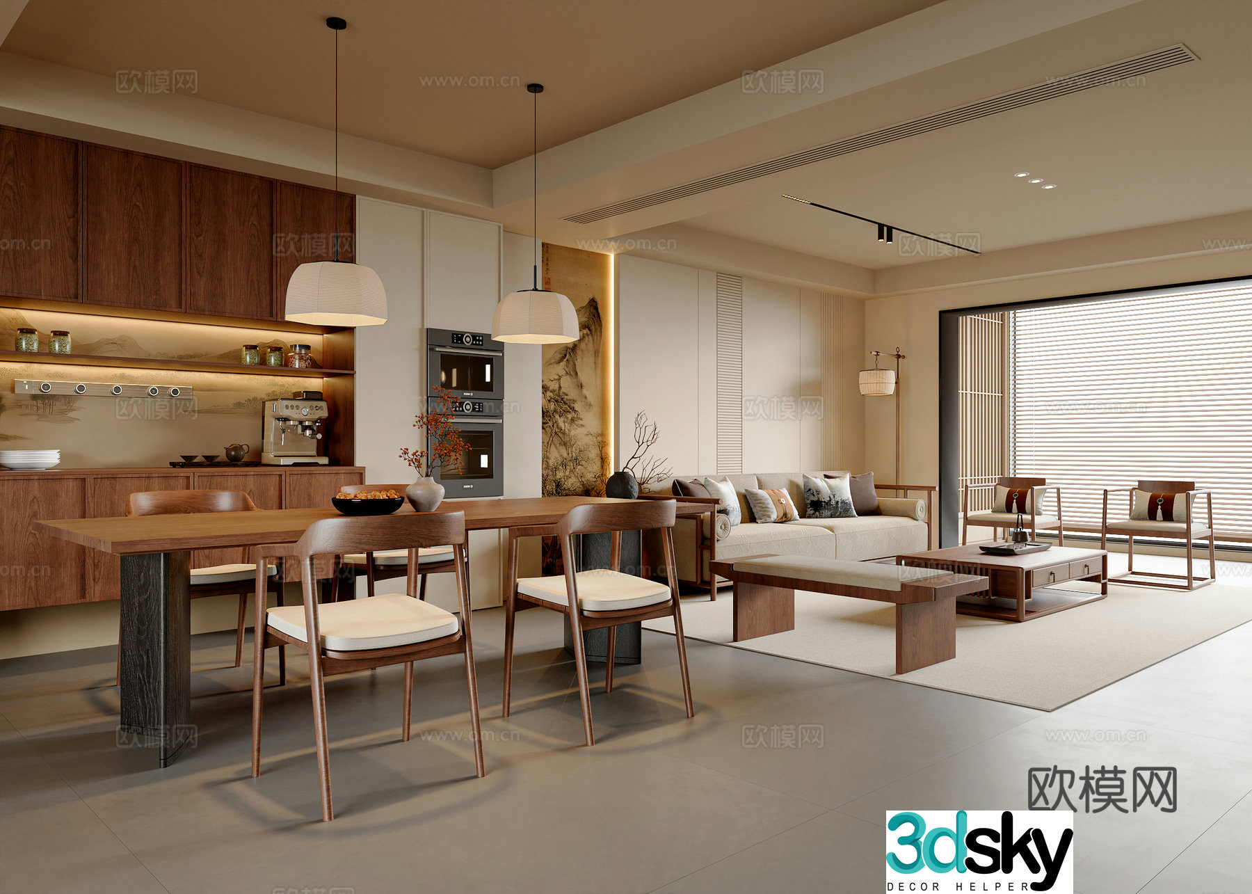 New Chinese Song style style restaurant sofa and coffee table combination dining table and chair combination sideboard chandeliers 3D model