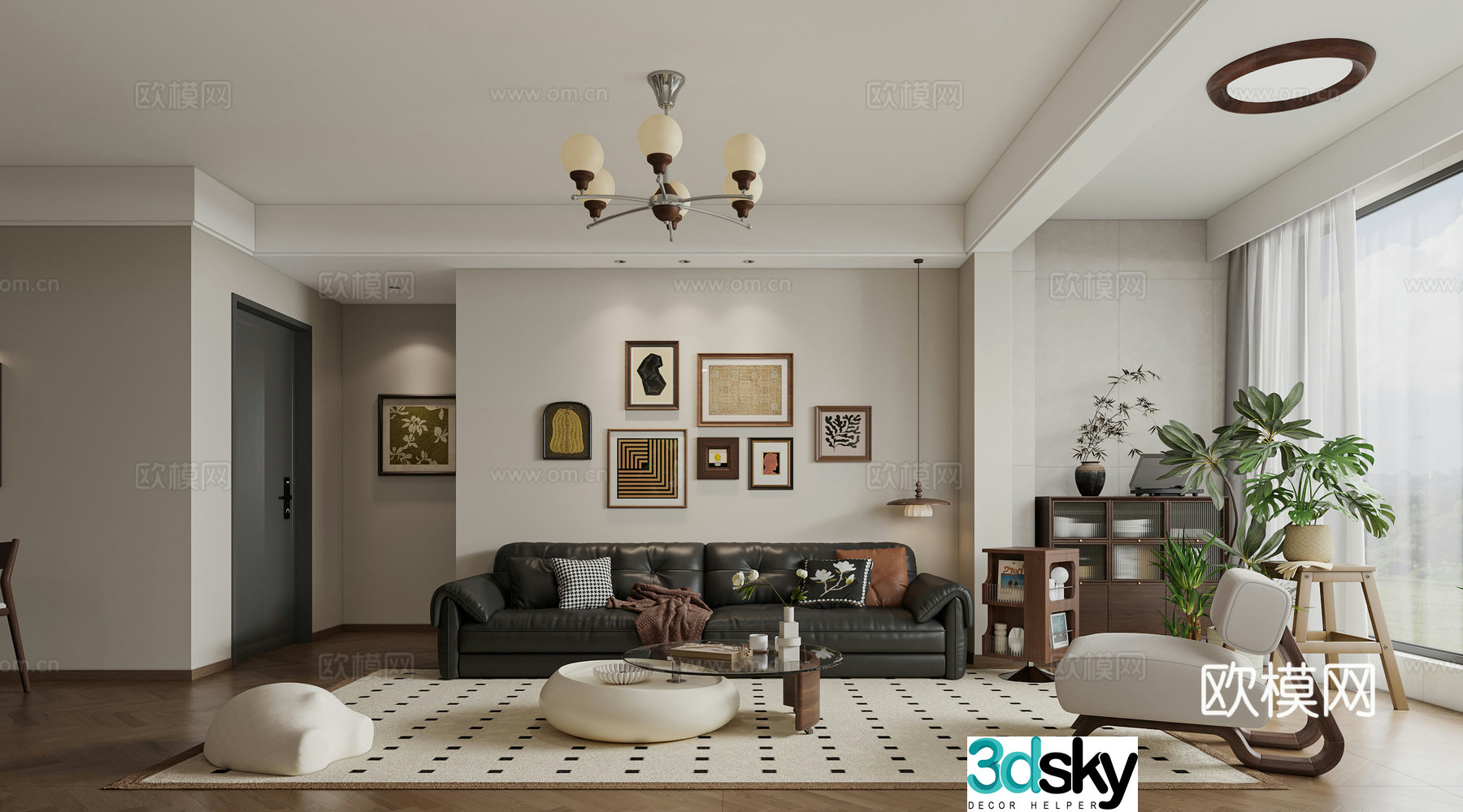 Medium style living room sofa background sofa coffee table combination 3d model