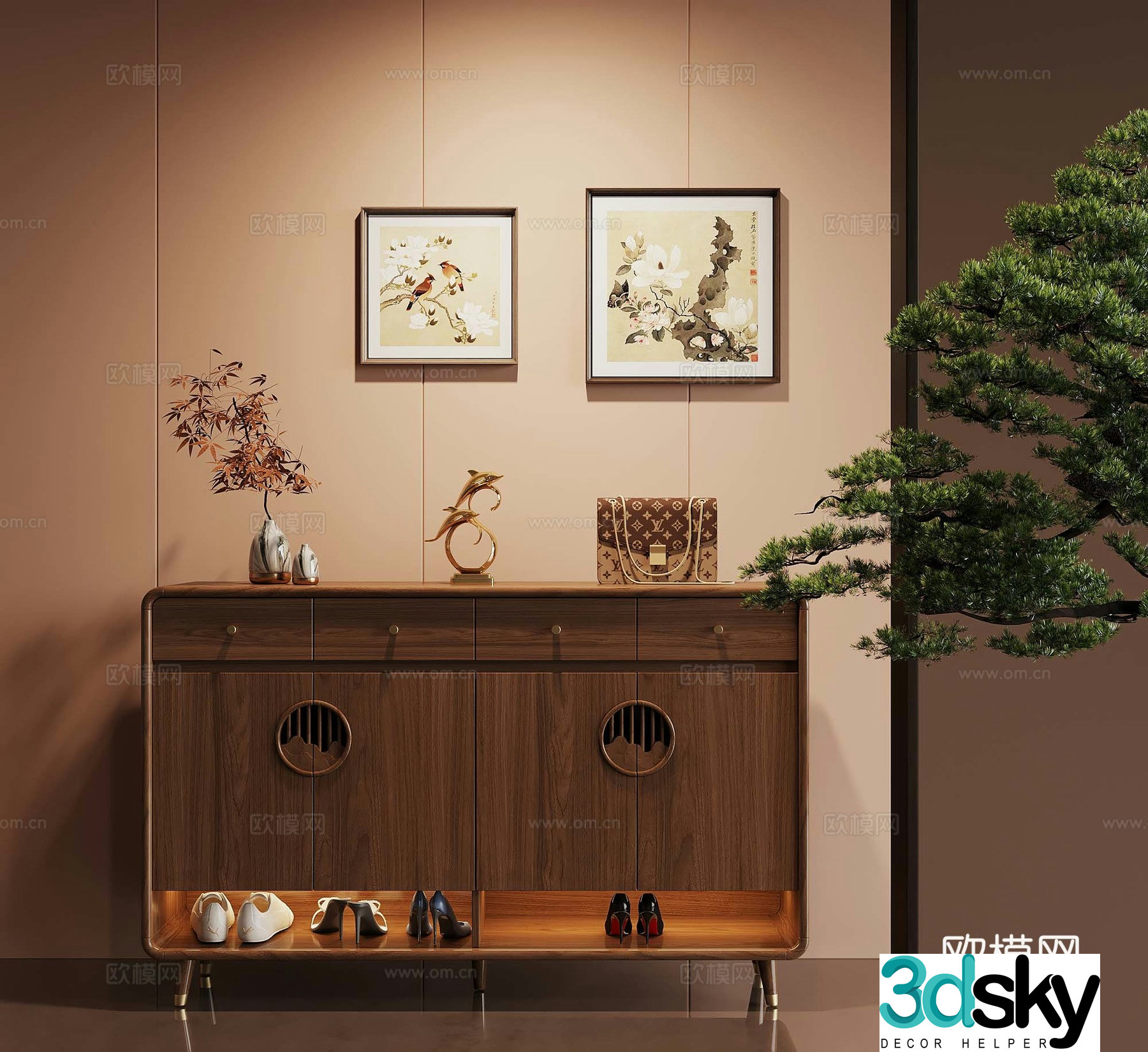 New Chinese style shoe cabinet entrance cabinet 3D model of hanging paintings