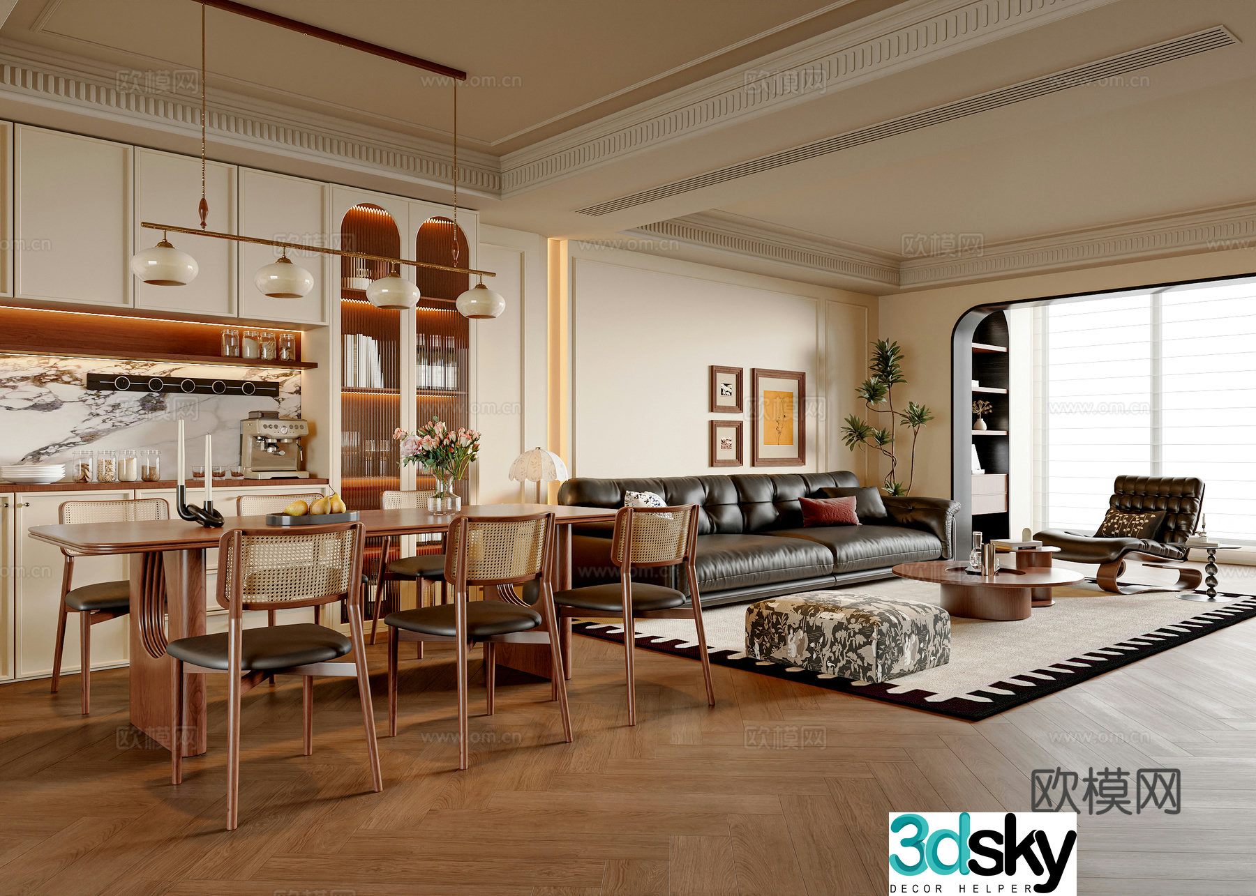 French medieval style dining room dining table and chair combination dining sideboard sofa tea table combination leisure chair 3D model