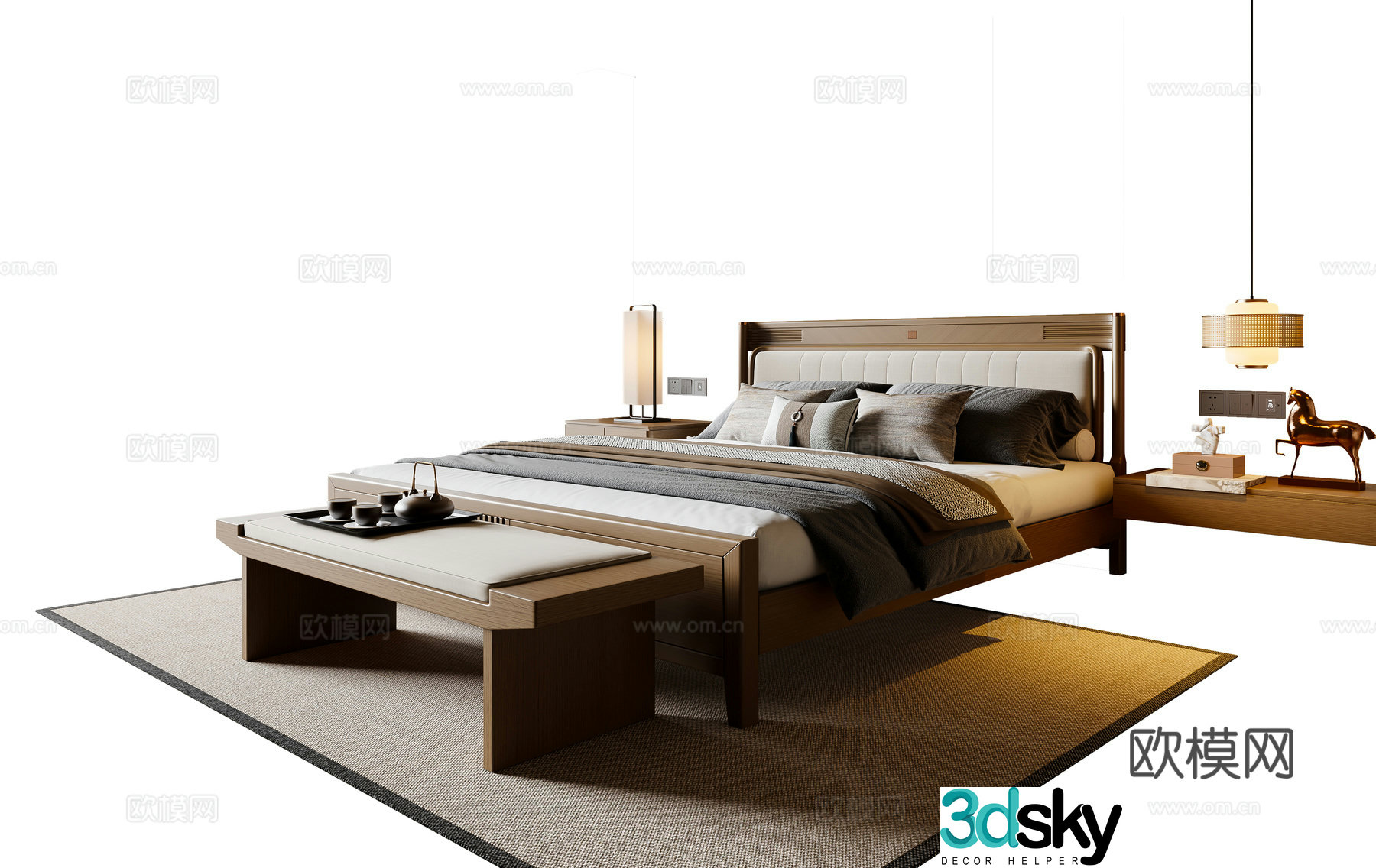 New Chinese Song style double bed nightstand chandeliers carpet 3d model
