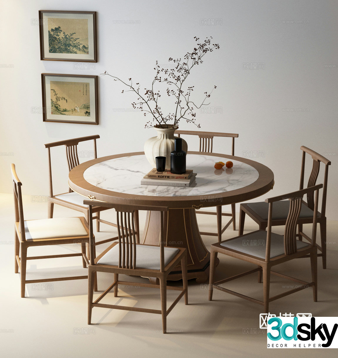 New Chinese dining table and chairs Song’s dining table and chair combination Decorative painting Dining table ornaments 3D model