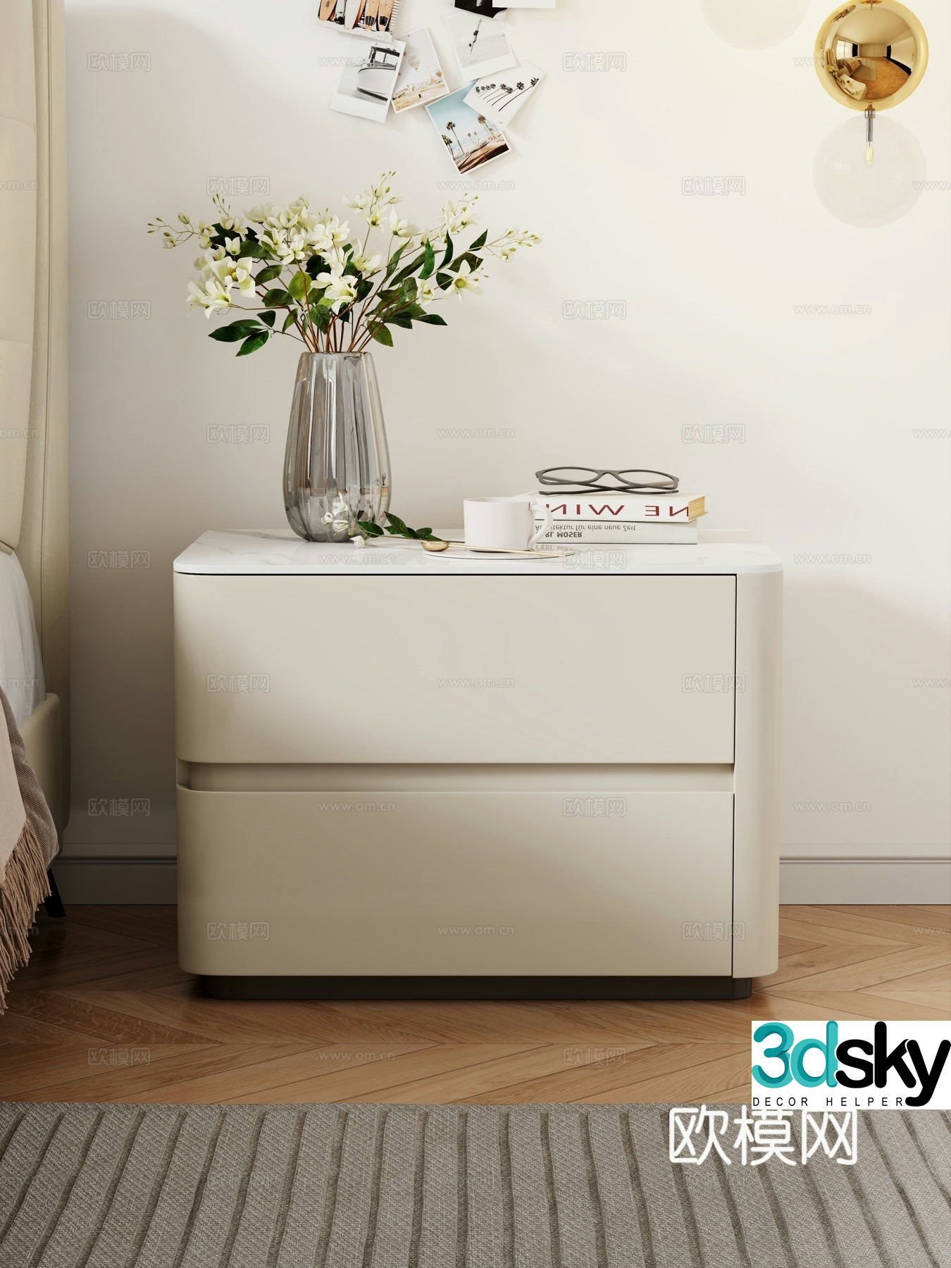 Creamy wind bedside table Bedside table Creamy wind bedroom Bedroom 3d model