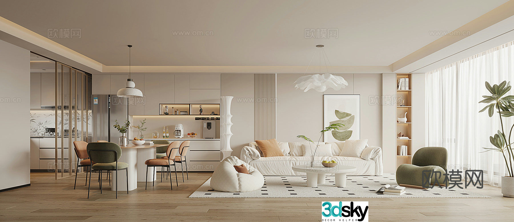 Modern Cream Style Restaurant 3D Model