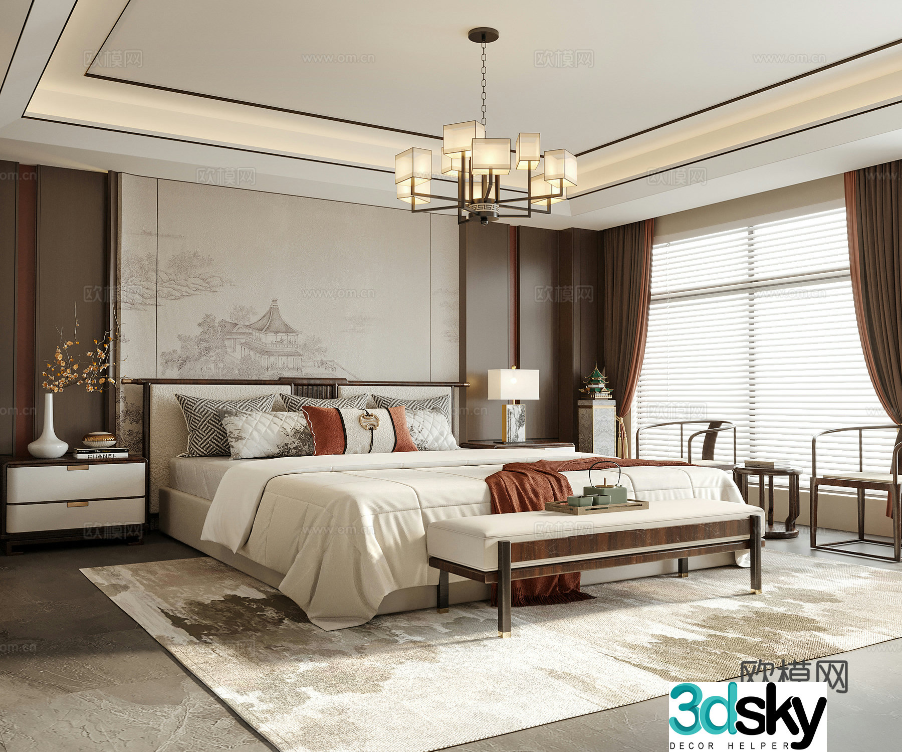 New Chinese style bedroom bedside stool bedroom chandeliers bedside table 3D model
