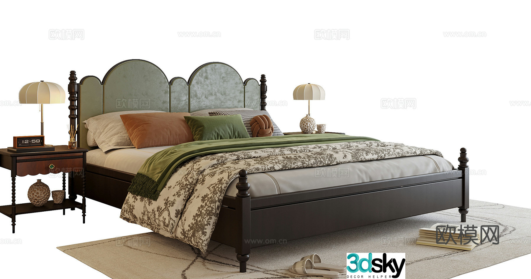 American double bed nightstand desk lamp 3d model