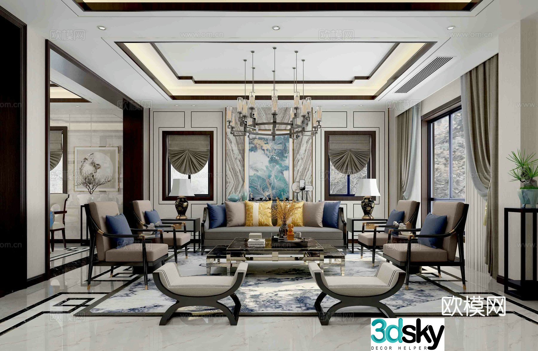Chinese style new Chinese style living room sofa combination chandelier curtain hanging 3D model