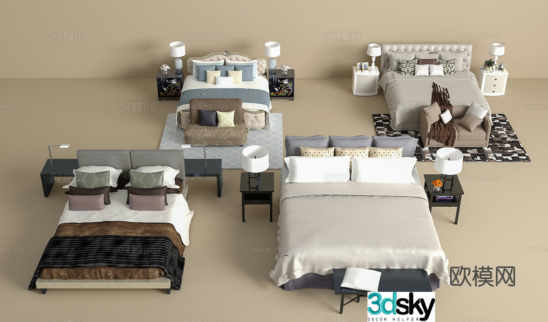 Double bed combination bedside table jewelry ornaments desk lamp carpet pillow 3D model