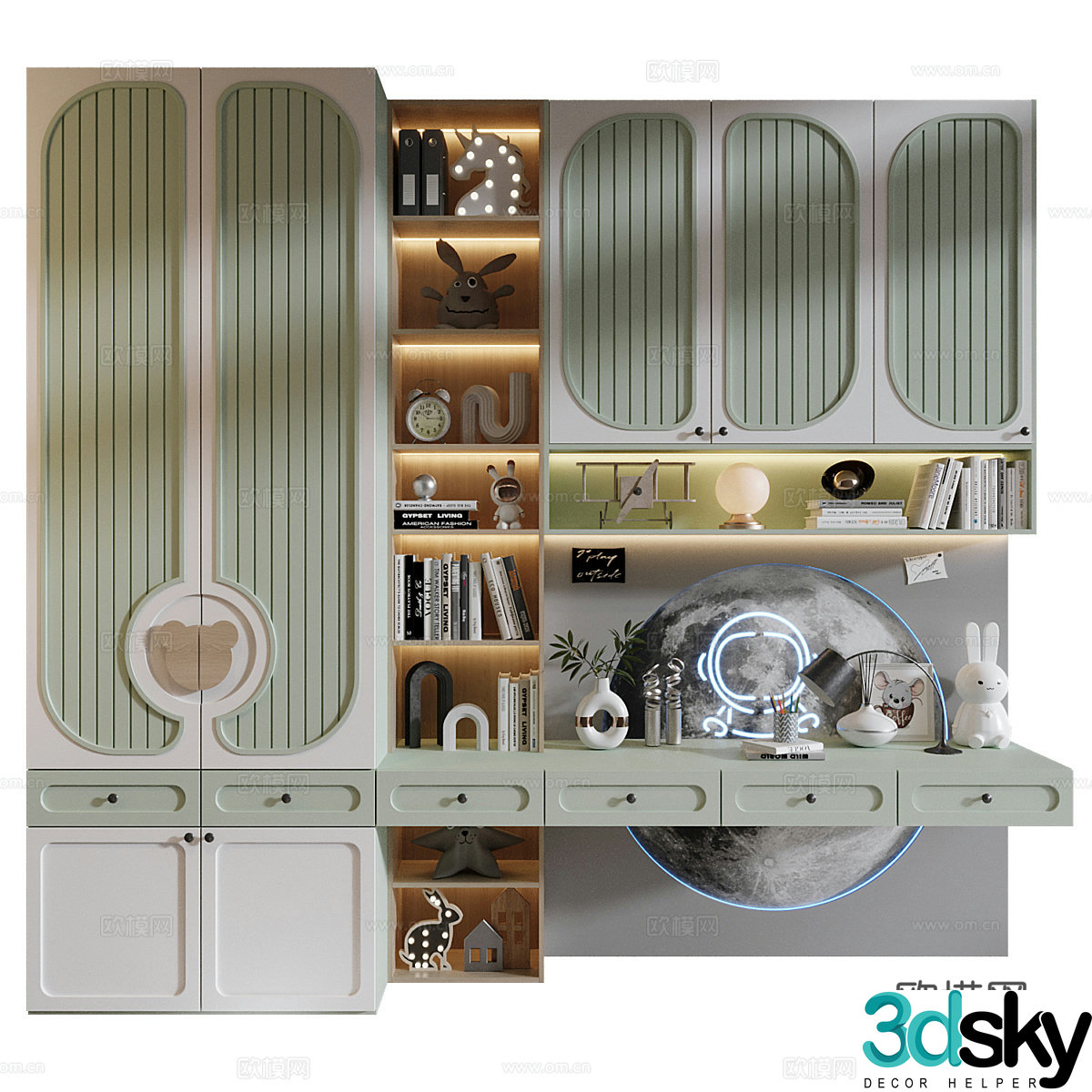 Modern cream style children’s bookcase wardrobe combination 3D model
