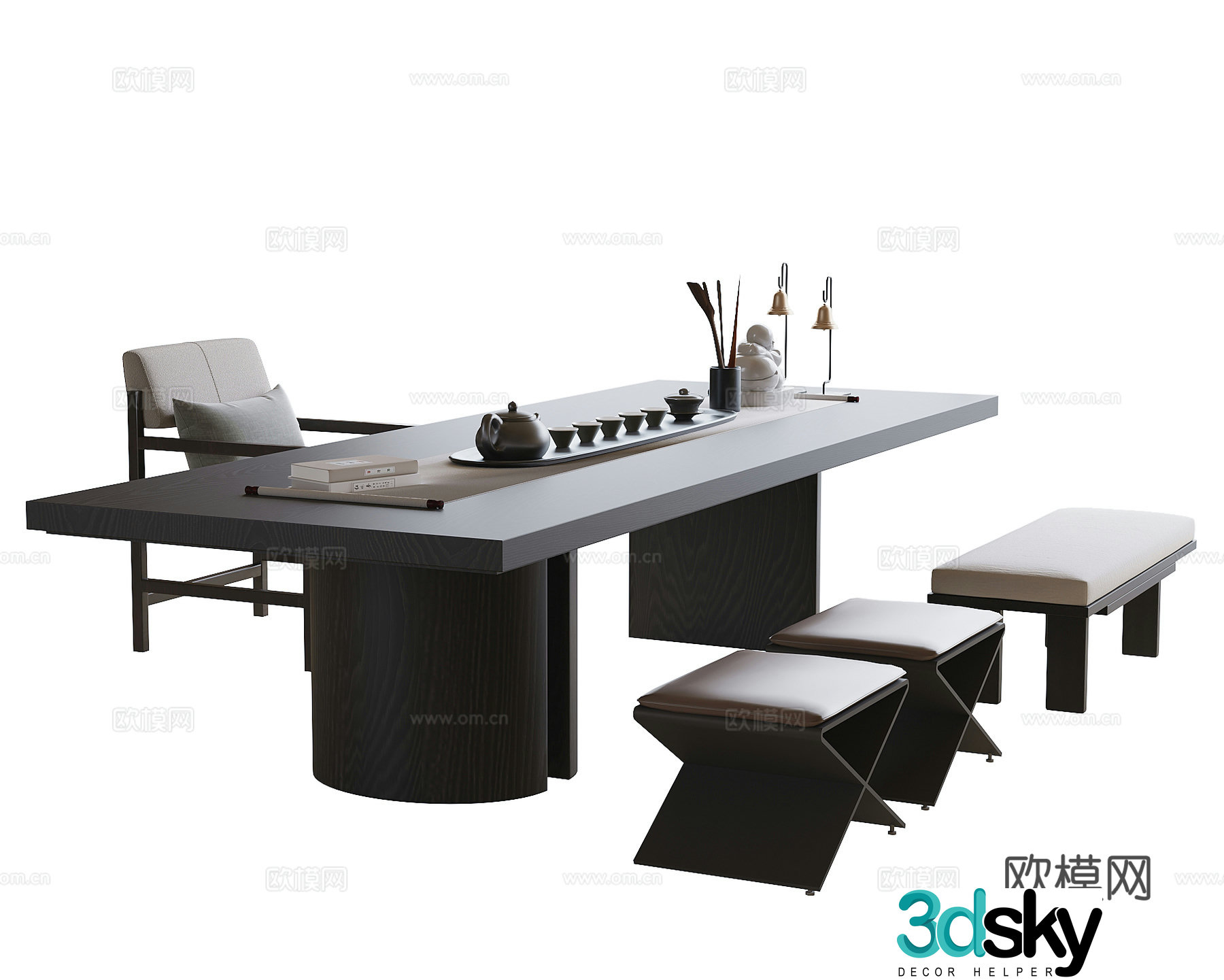 Modern tea table and chair stool tea chair 3d model