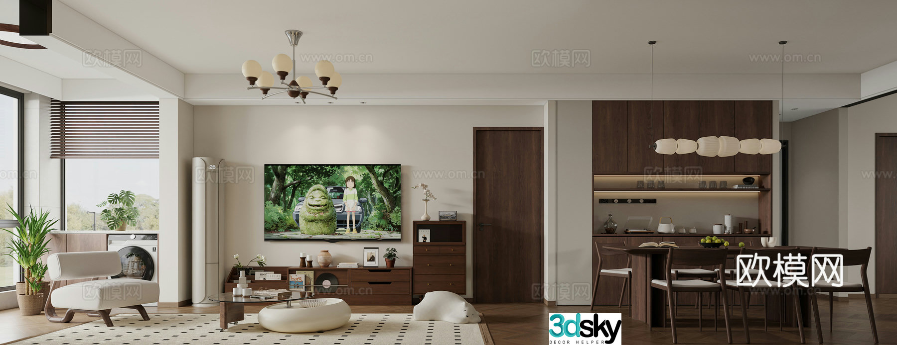 Medium style living room dining room TV background wine cabinet 3d model