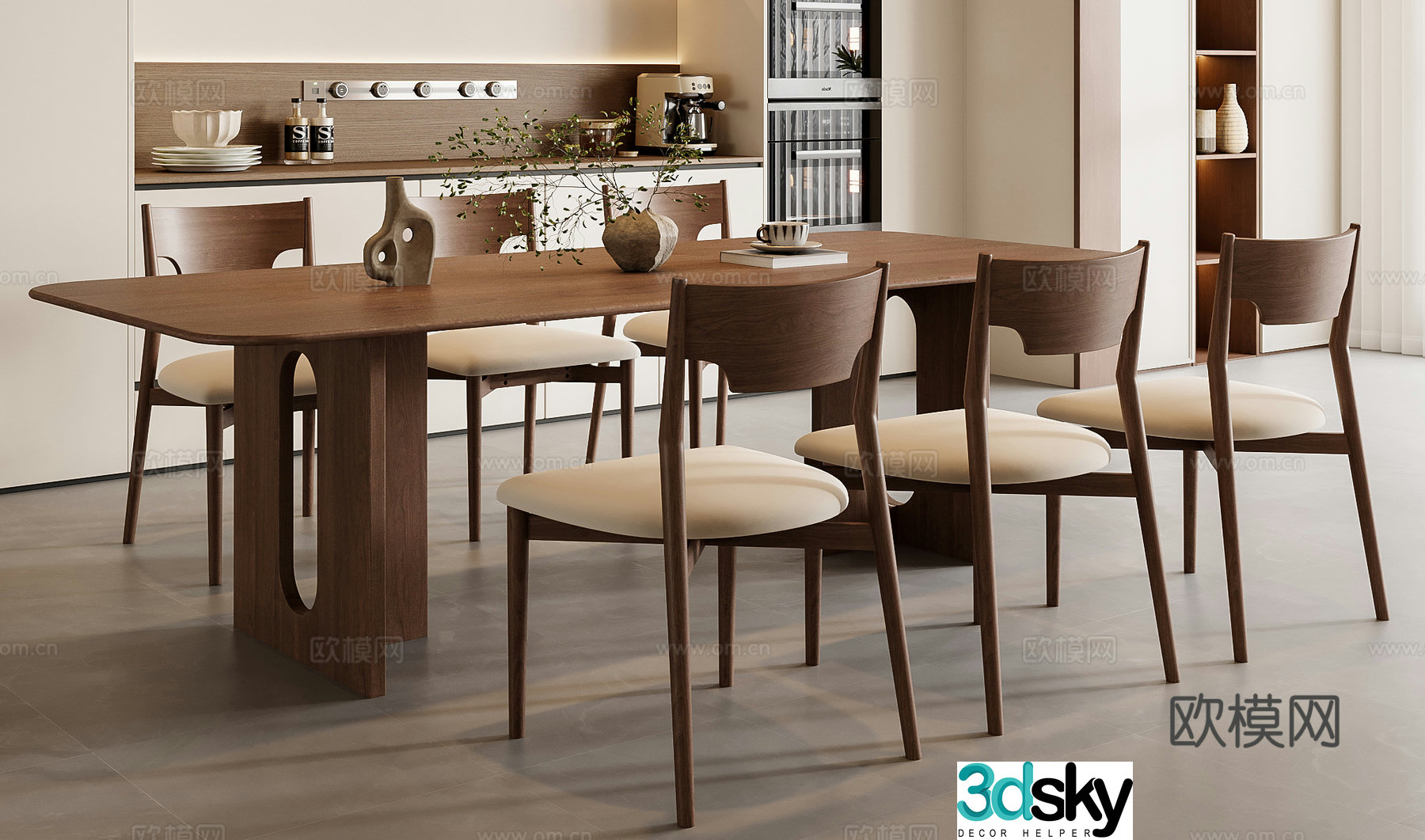 Medium style dining table and chair combination 3D model