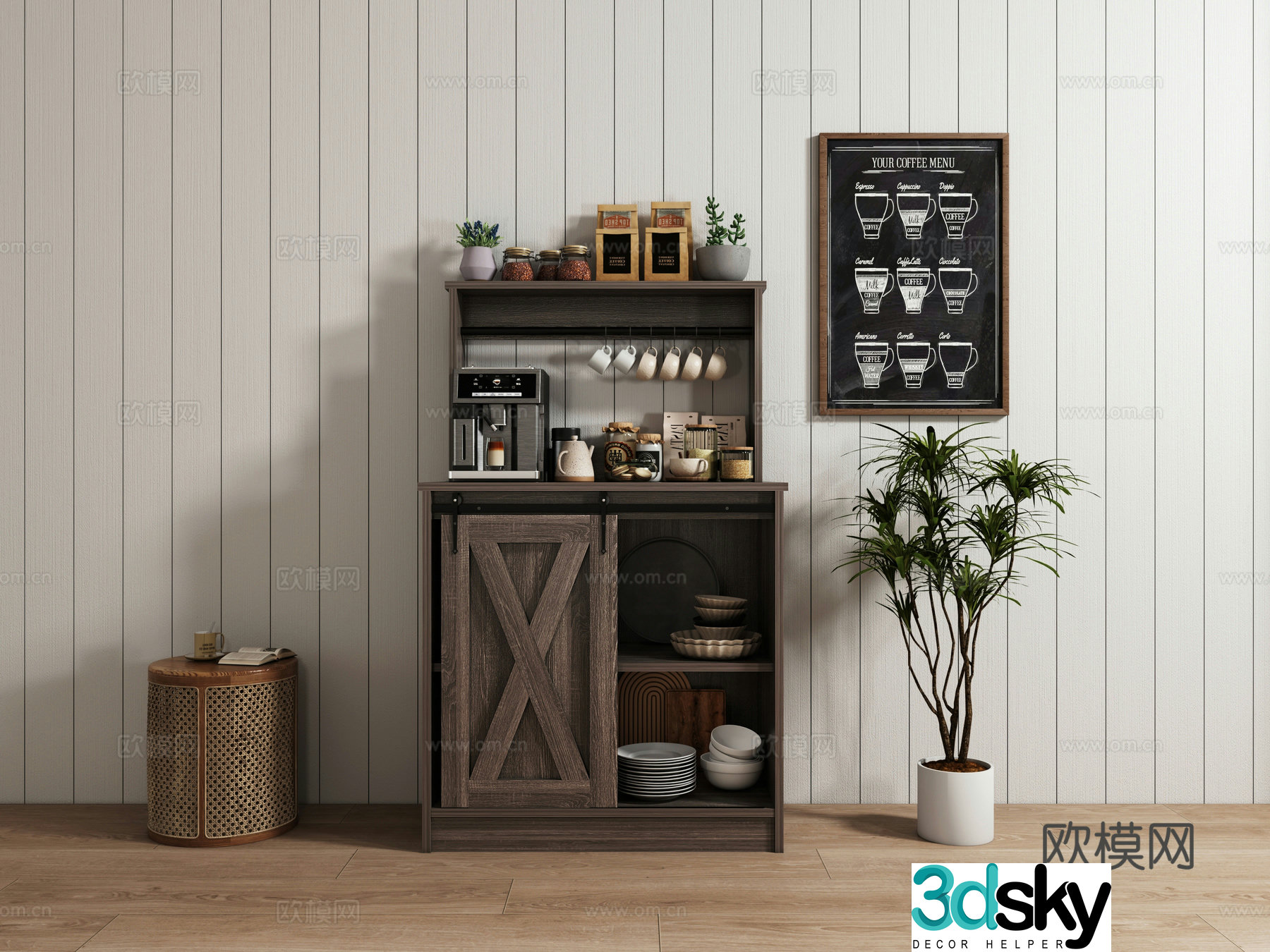 Modern sideboard retro sideboard coffee machine hanging painting plant chair food ornament 3d model