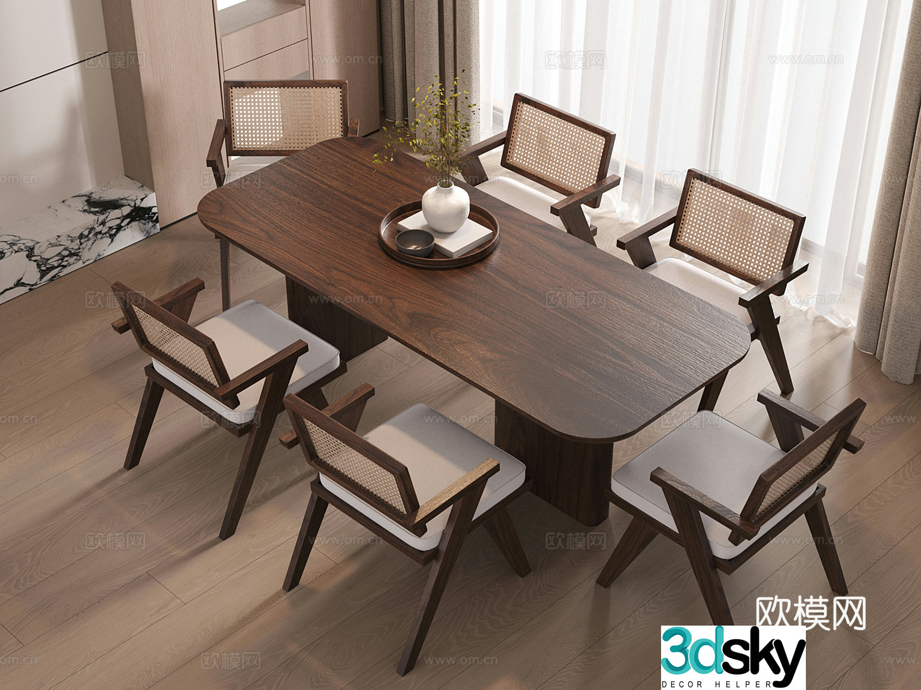 Middle style rectangular dining table rattan dining chair six-person dining table dining table 3D model
