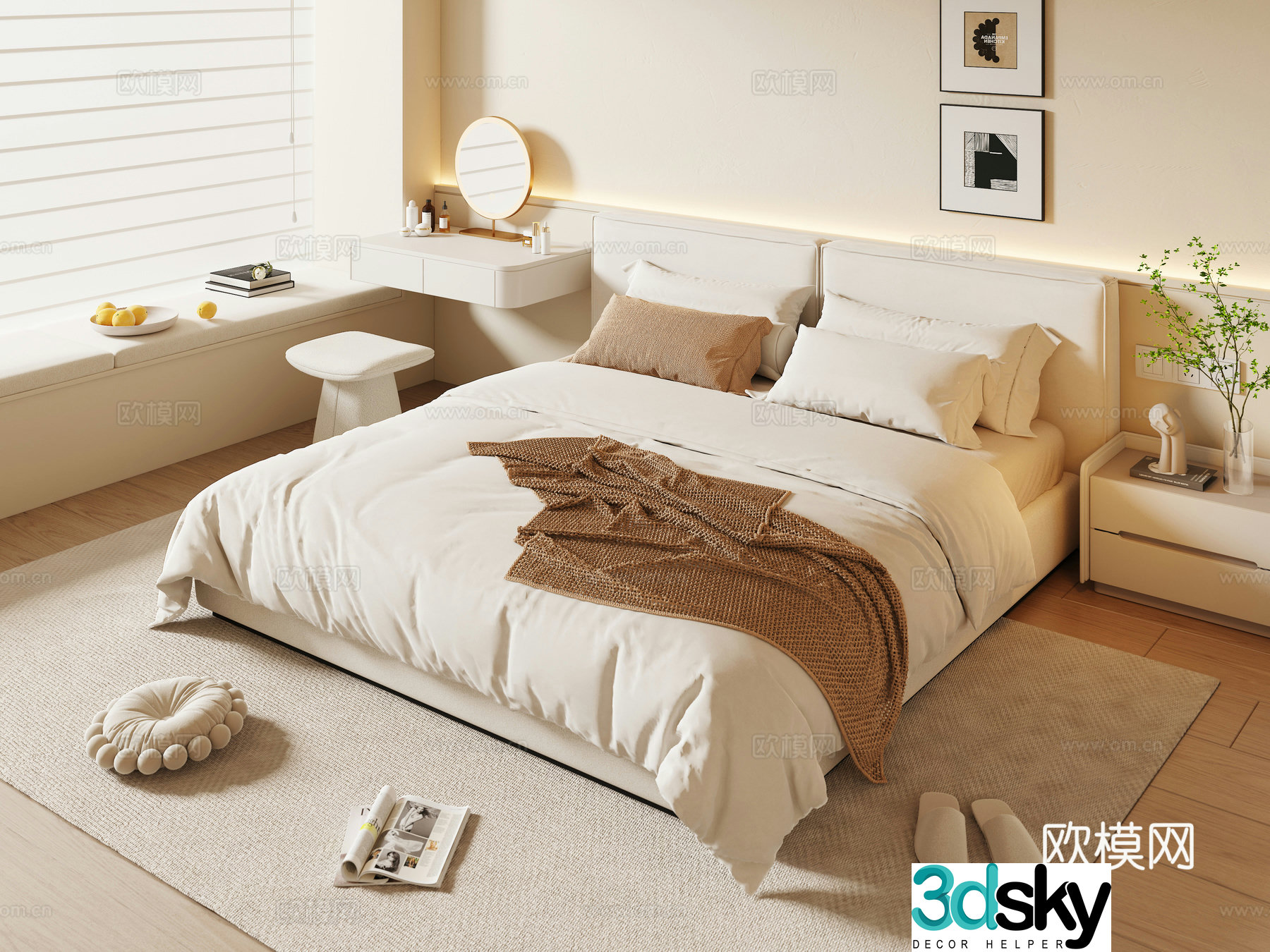 Modern creamy bedroom 3d model