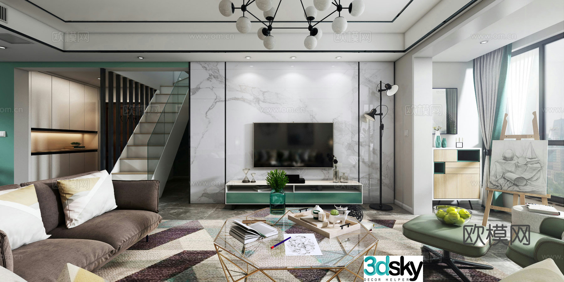 Nordic modern living room dining room sofa coffee table TV cabinet dining table chair 3d model