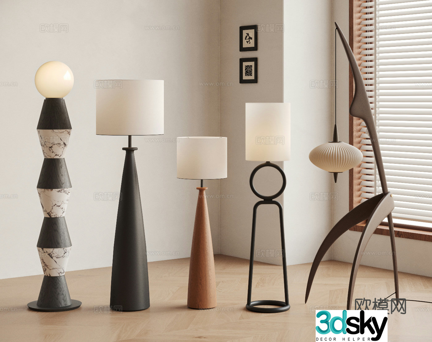 Middle-aged style floor lamp bamboo joint lamp fabric floor lamp wooden floor lamp fishing lamp Wasabi wind 3d model