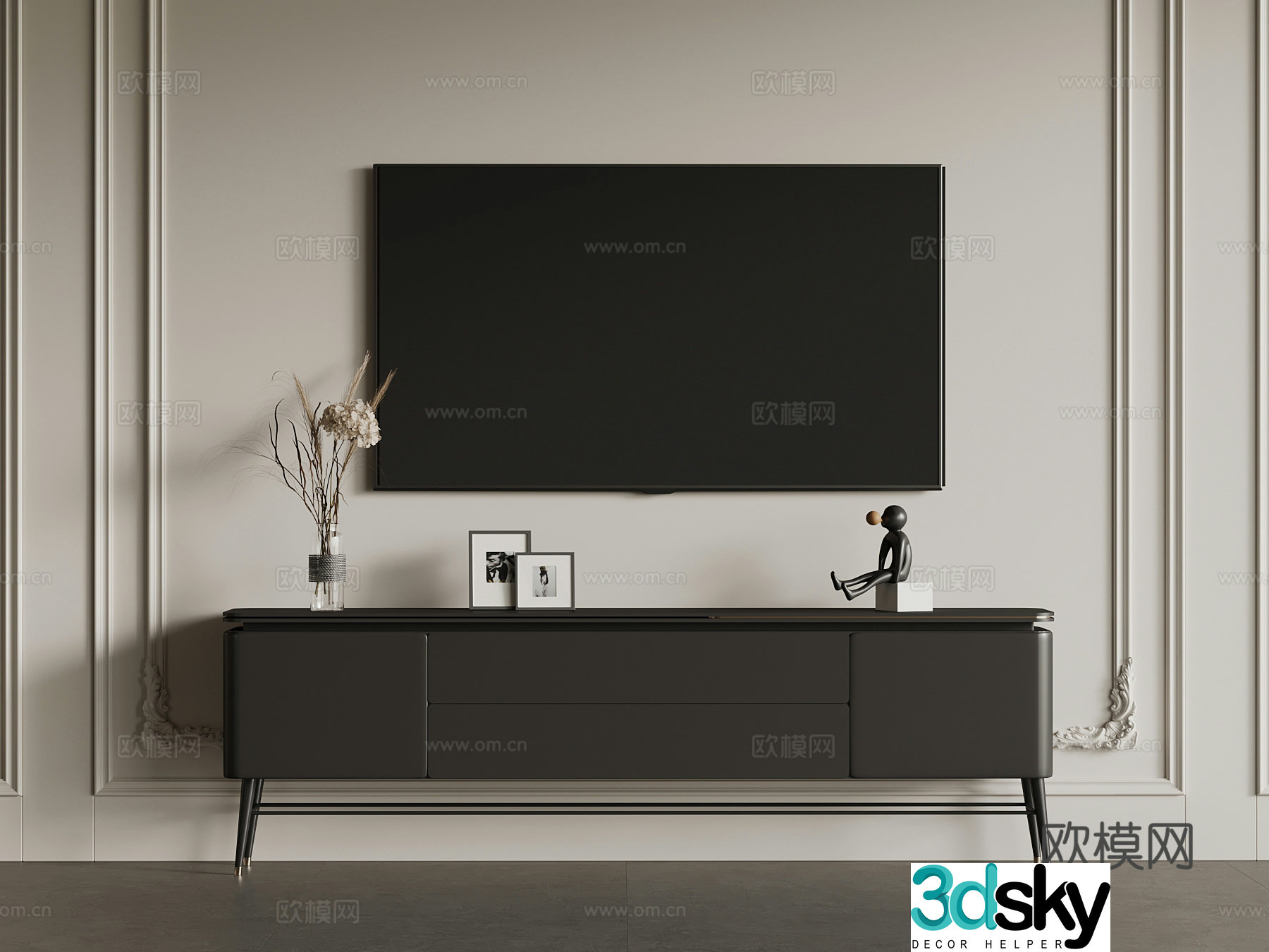 French minimalist TV cabinet wall-mounted TV decorative ornaments 3D model